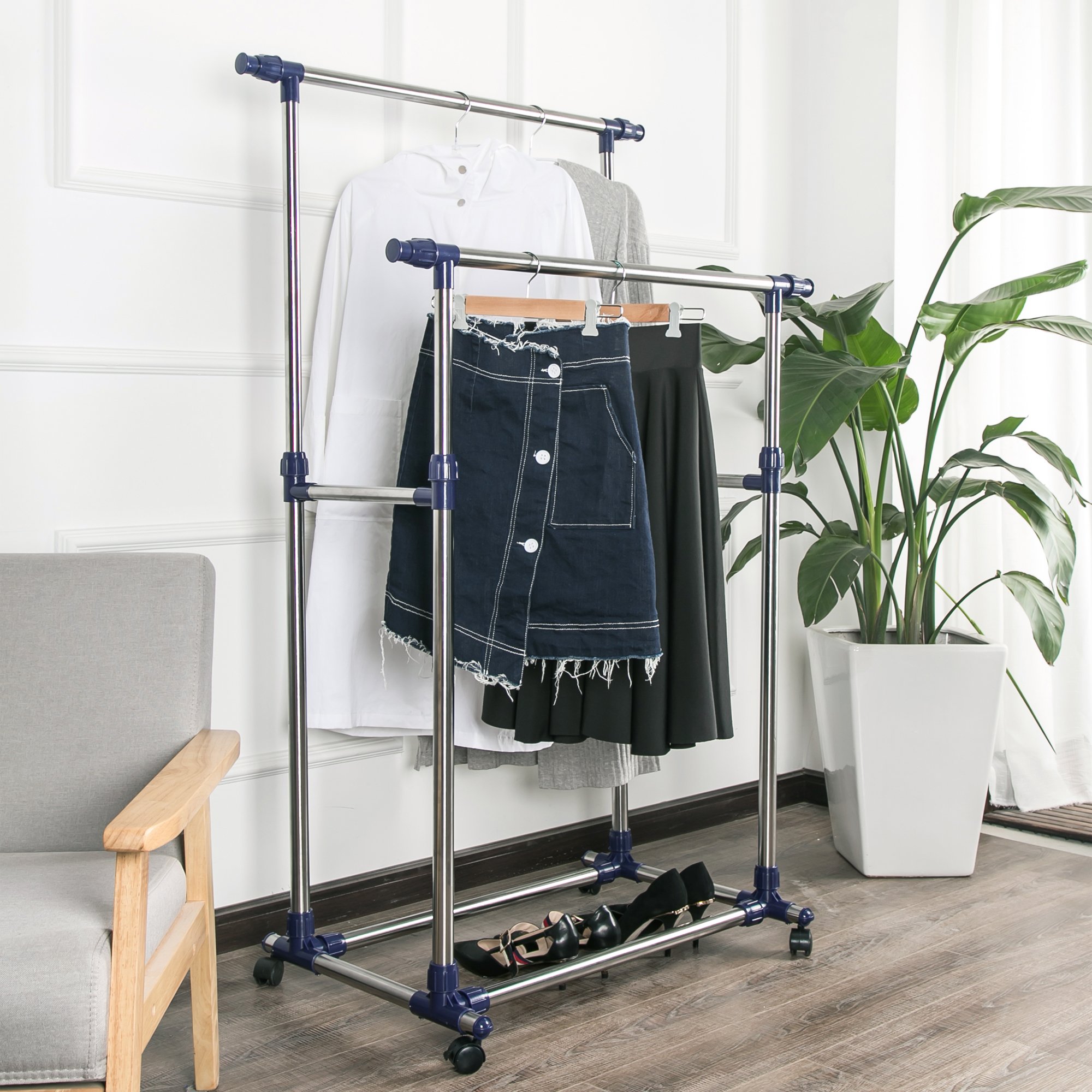 SHELVING SOLUTIONS Adjustable Garment Rack Clothes Rack, Rolling Stainless Steel Clothing Rack (2 Rods)