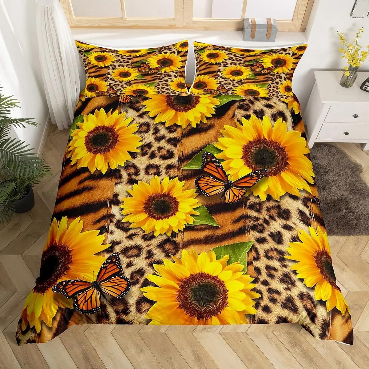 QBIDCSX Duvet Cover Double Sunflowers and butterflies Bedding Sets Single Koala Duvet Cover 200x200cm with Zipper Closure, Hypoallergenic Quilt Cover with 2 Pillowcase for Boys Kids Girls