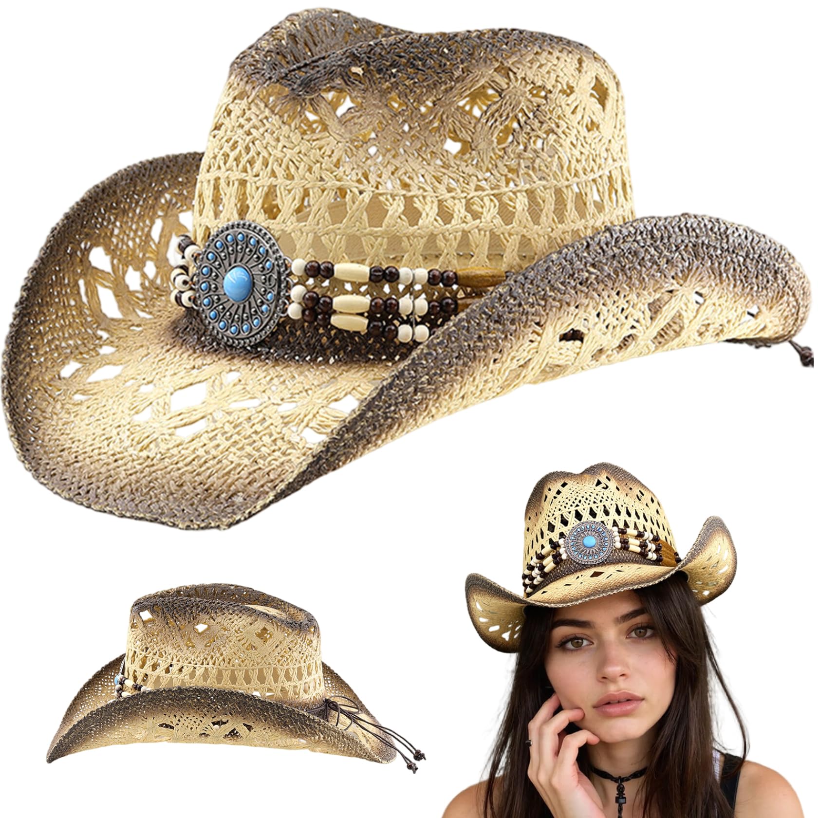 Xdyyjrasa Chapeau de Cow-Girl en Paille Occidentale avec Bord modelable – Bandes décoratives Chapeau de Cowboy en Paille pour Femmes et Hommes, Plage, Soleil