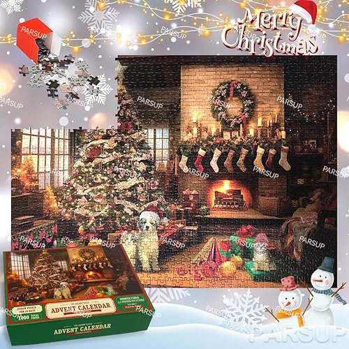 Miniatura 7 de Calendario de Adviento de Navidad 2025 rompecabezas con póster de referencia 1:1 – 1000 piezas de rompecabezas de chimenea para niños y adultos, 24