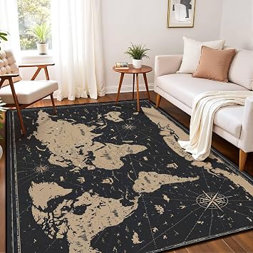 World Map Vintage Black Golden Detailed Area Rug Outdoor Patio Rug Play Mat Modern Floor Carpet Non-Slip Home Decor Living Room Kids Bedroom Nursery, 6x9 ft