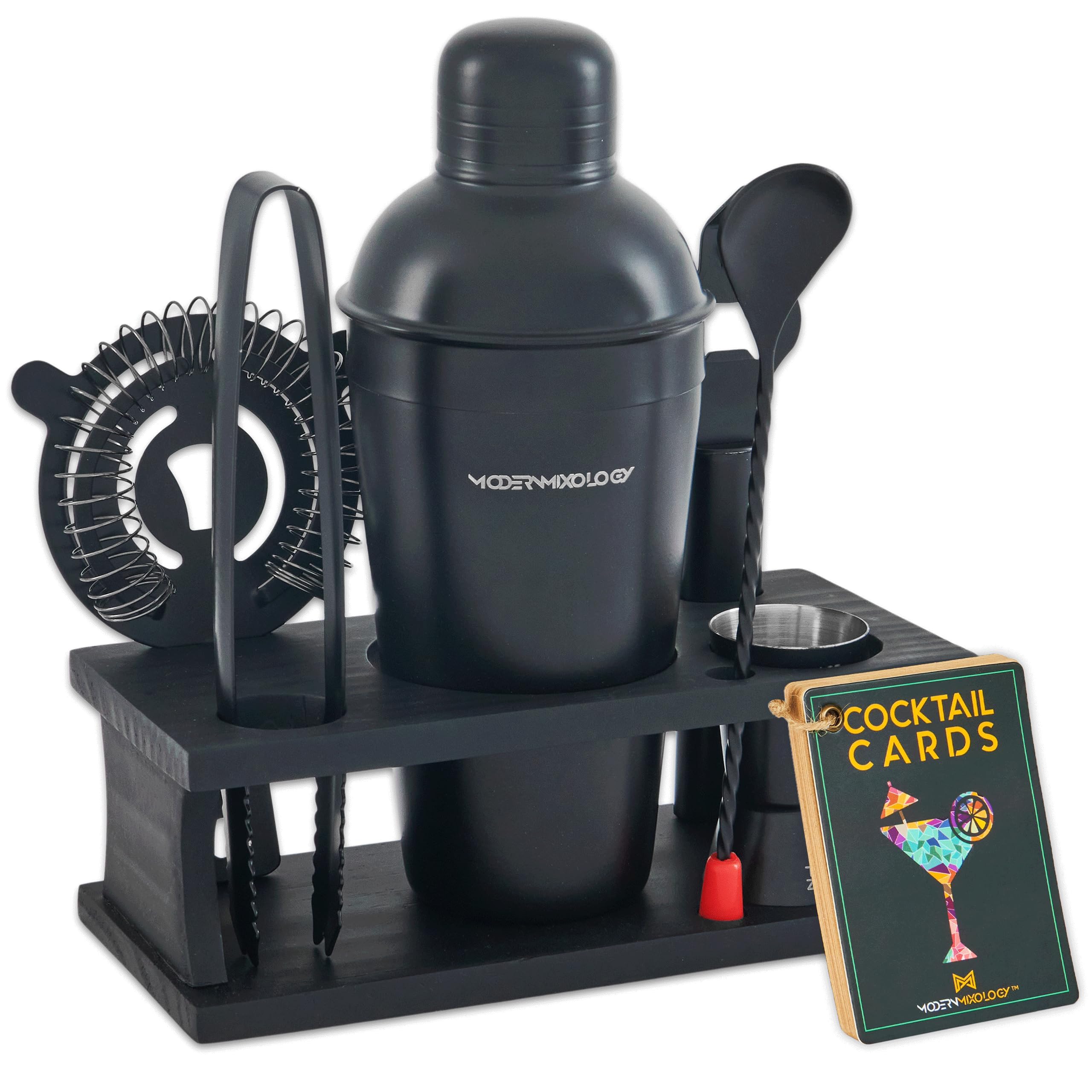 Modern Mixology Cocktail Shaker Set - 8 Piece Bartender Kit on Quality Pine Stand | Complete Cocktail Kit Gift Set | Top Bartender Gifts for Men | Leak Proof Design (Black)