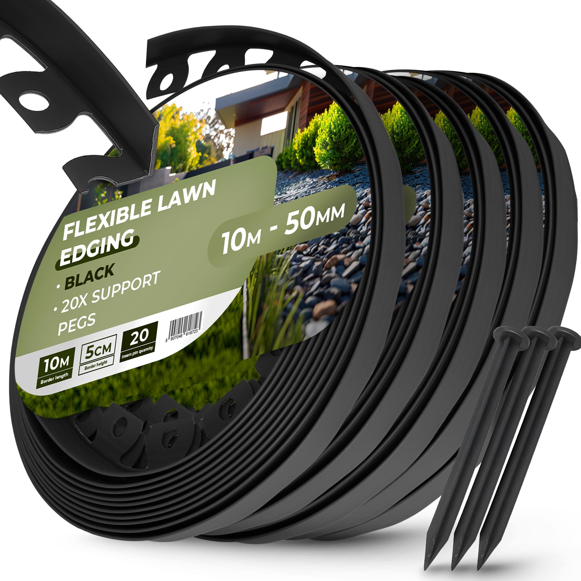 Instalguru Borde Césped Jardín 50 m 50 mm Delimitador Flexible Palisada 100x Estacas Anclaje Suelo Clavos Fijación 18 cm Negro Separador Macizo Sendero