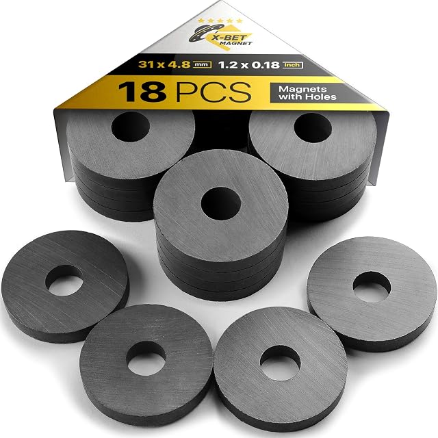 X-bet MAGNET Ferrite Ring Magnets with Holes - 1.2 Inch (31mm) Round Disc Donut Magnets - Circle Hole Magnets - Perfect Ceramic Circular Magnets for Crafts and DIY - 18 PCs in Box