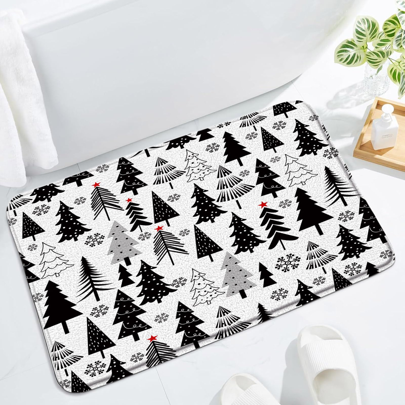 Christmas Tree Bath Mat Black White Cute Cartoon Xmas Pine Trees Snowflake Vintage Rustic Farmhouse Winter Festival Holiday