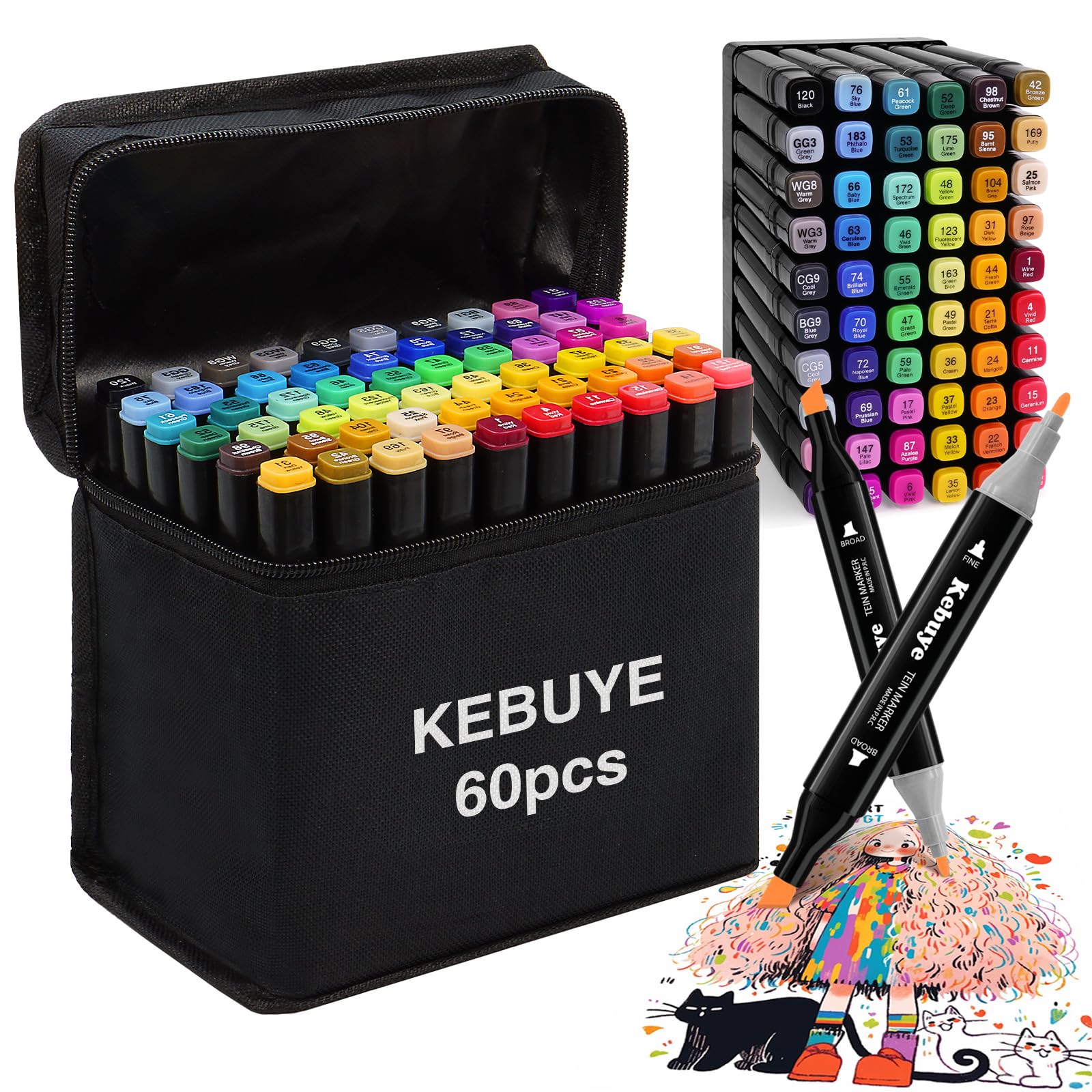 Alcohol Markers Set 60 Colors - Dual Tip Pens for Colouring Drawing - Fine & Broad Markers with Alchohol Based Ink - Gifts for Girls 10 Year Olds Adults Artist Art Set for Christmas Teenage Art Pens