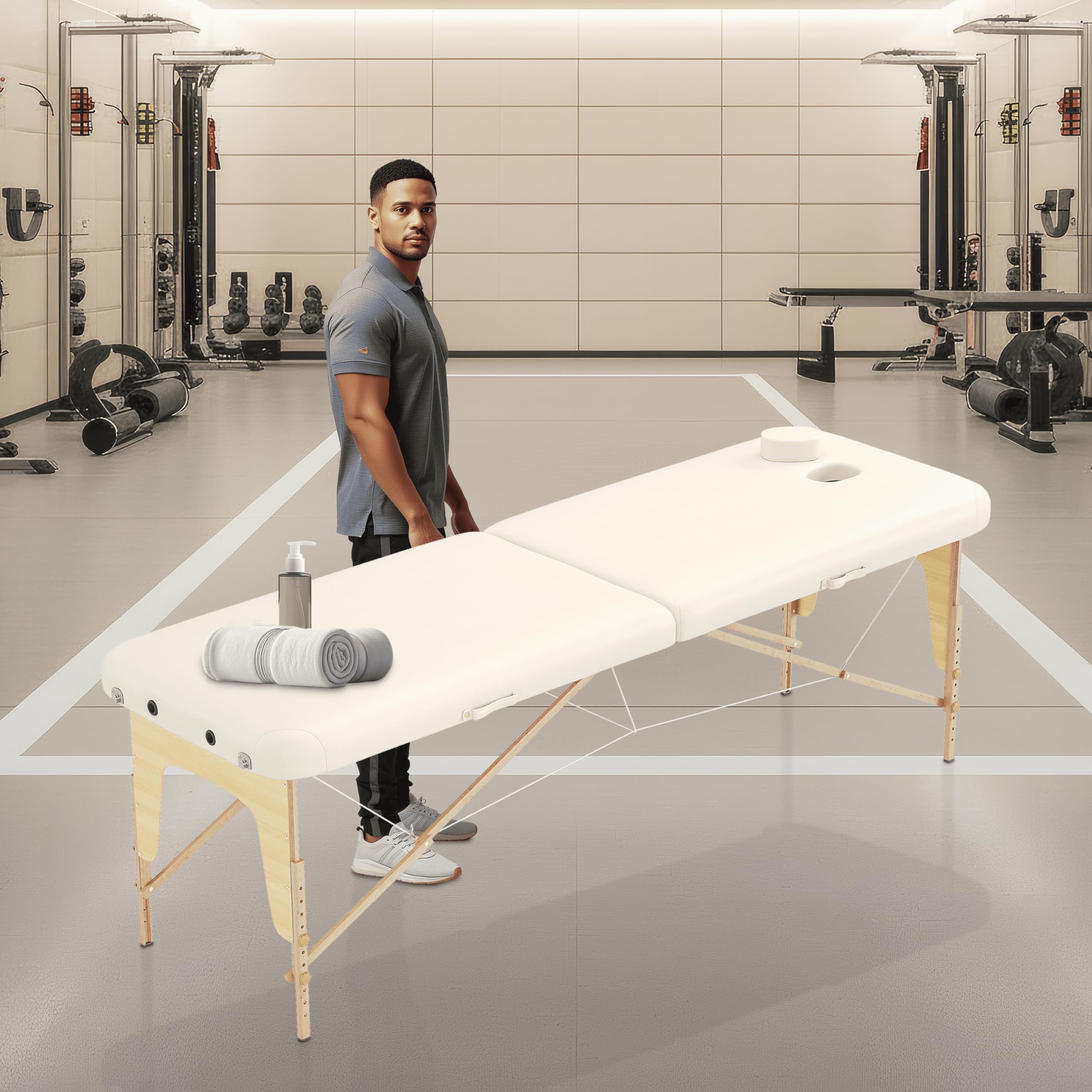 BELTOM® Table de Massage 2 Zones Basic Portables 185 x 60 cm pour physiothérapie - Leger ne pèse Que 11,6 kg. - Cosmetique lit esthétique Pliante avec Panneau Reiki - Crème