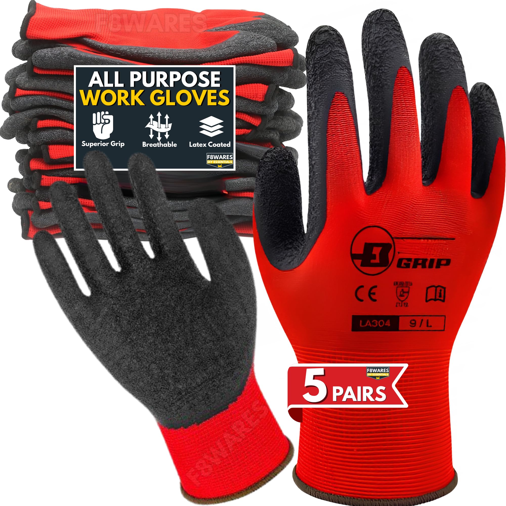5 Pairs Latex Coated Safety Gloves for Men Rubber Grip Protective Working Hand Gloves, General Purpose,Industrial,Garden,Mechanical,Workshop,Construction & Machine Tool Handling Work,Red/Black