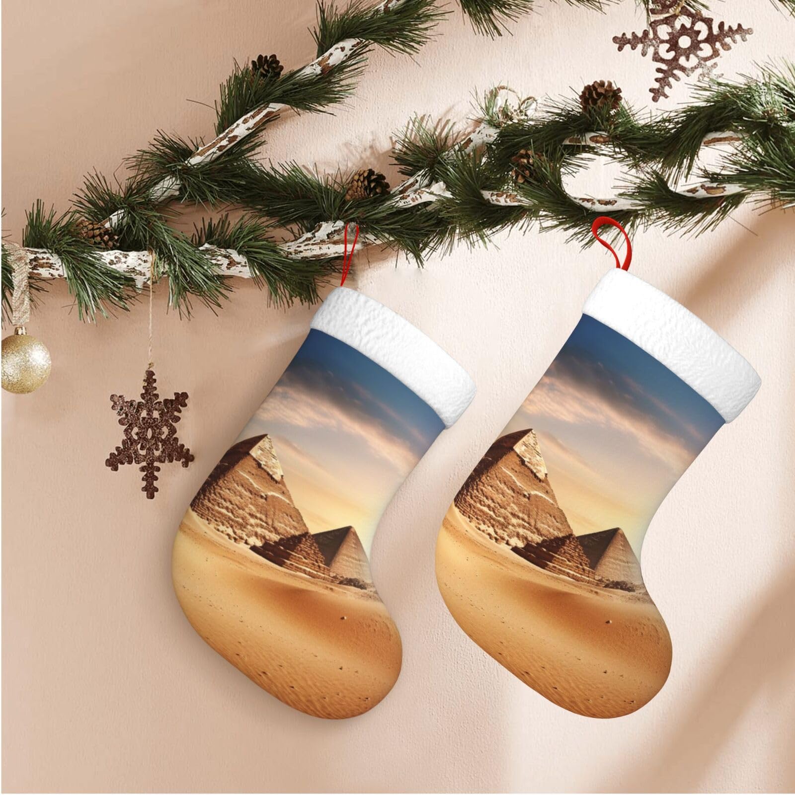 Fodpand Boys Black Egyptian Pyramid In Desert Christmas Stockings Hanging Ornaments For Holiday Decor, 18 Inches Velvet Xmas Stocking With White Plush Cuff, Candy Gift Bags For Christmas Decorations
