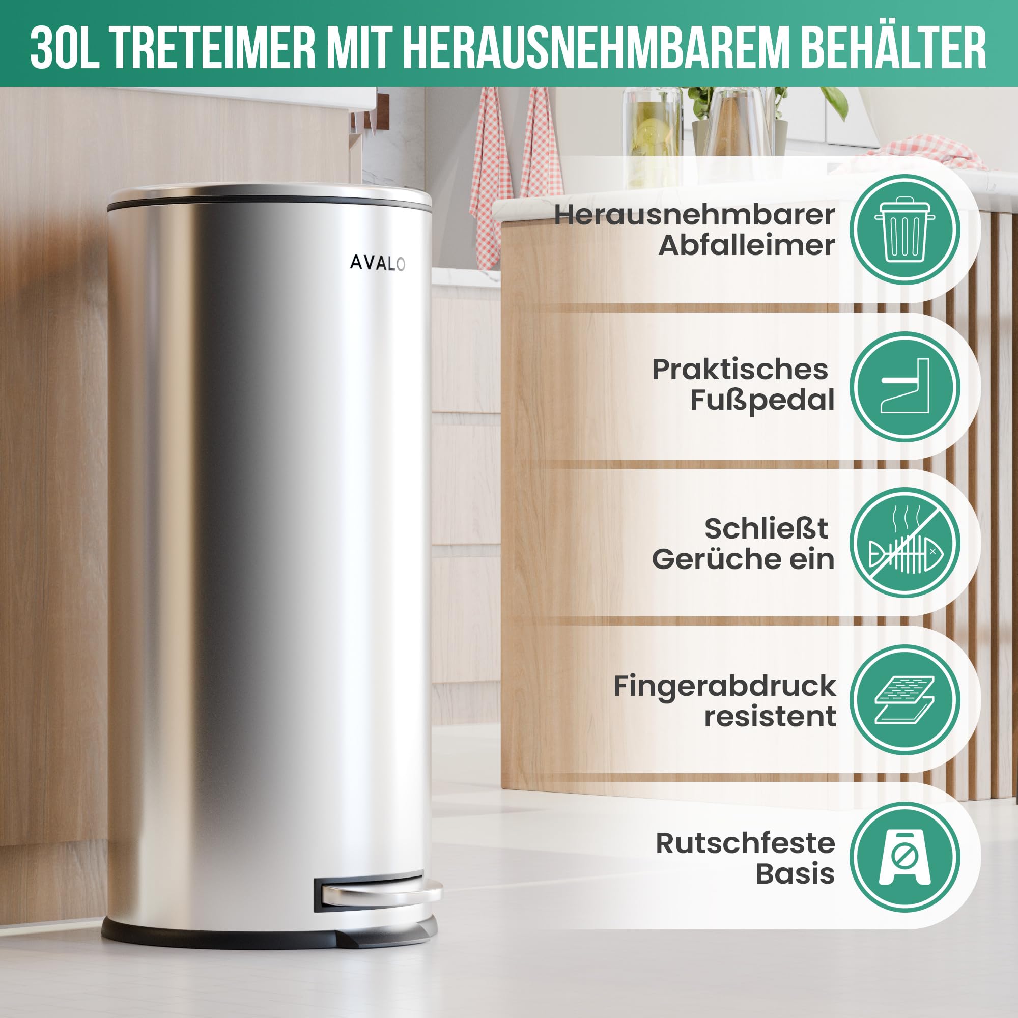 Avalo Treteimer 30L - Edelstahl Silber - Soft Close - Abfalleimer 30 Liter - Mülleimer 30 Liter