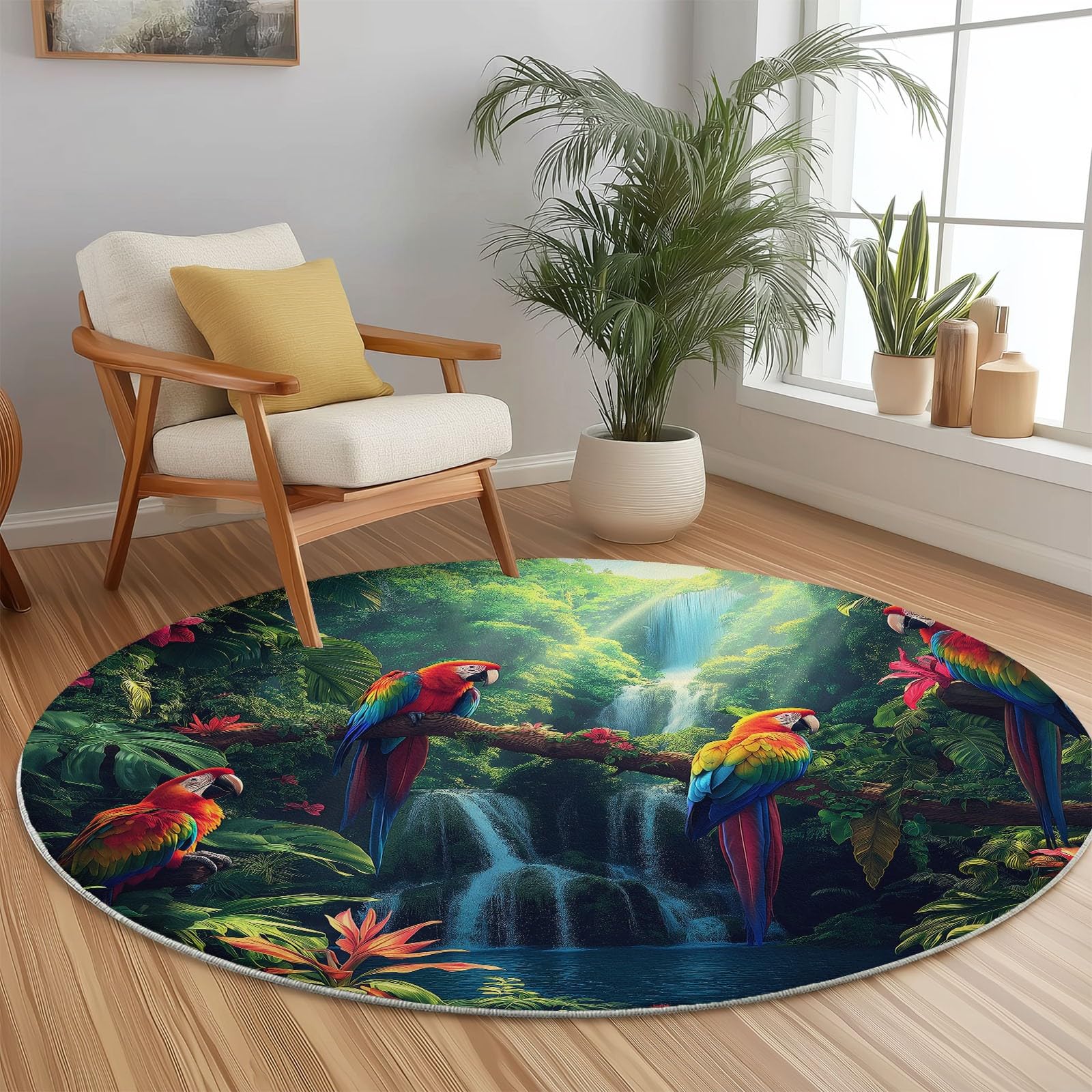 Generisch Teppiche für Wohnzimmer Rund, Natur Dschungel Vögel Drucken Teppich Schlafzimmer Groß Flanell Flauschig Weich rutschfest Fußmatte Waschbar für Kinderzimmer, Durchmesser 120 cm, Grün