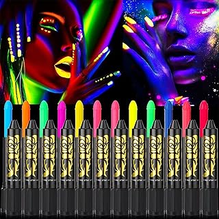 12pcs Neon Face Paint Crayons - Glow in the Dark Face Crayons Kit Neon Body Paint Pen Stick - UV Blacklight Neon Fluorescent Face Paint, Non Toxic Face Painting