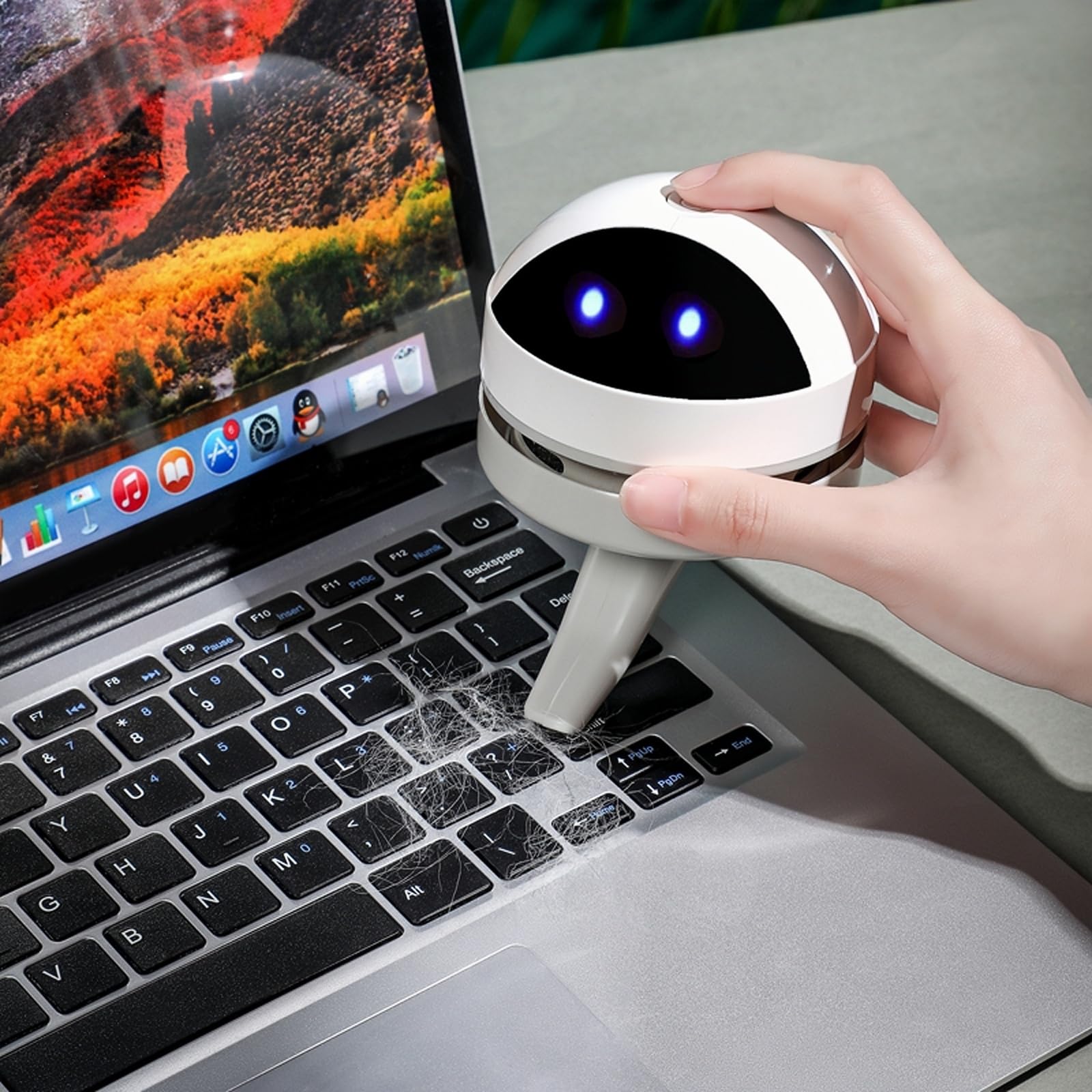Mini aspirapolvere da scrivania, senza fili e portatile, per spazzare polvere e briciole, simpatico robot dei cartoni animati, USB, facile da rimuovere polvere, capelli, peli di animali domestici