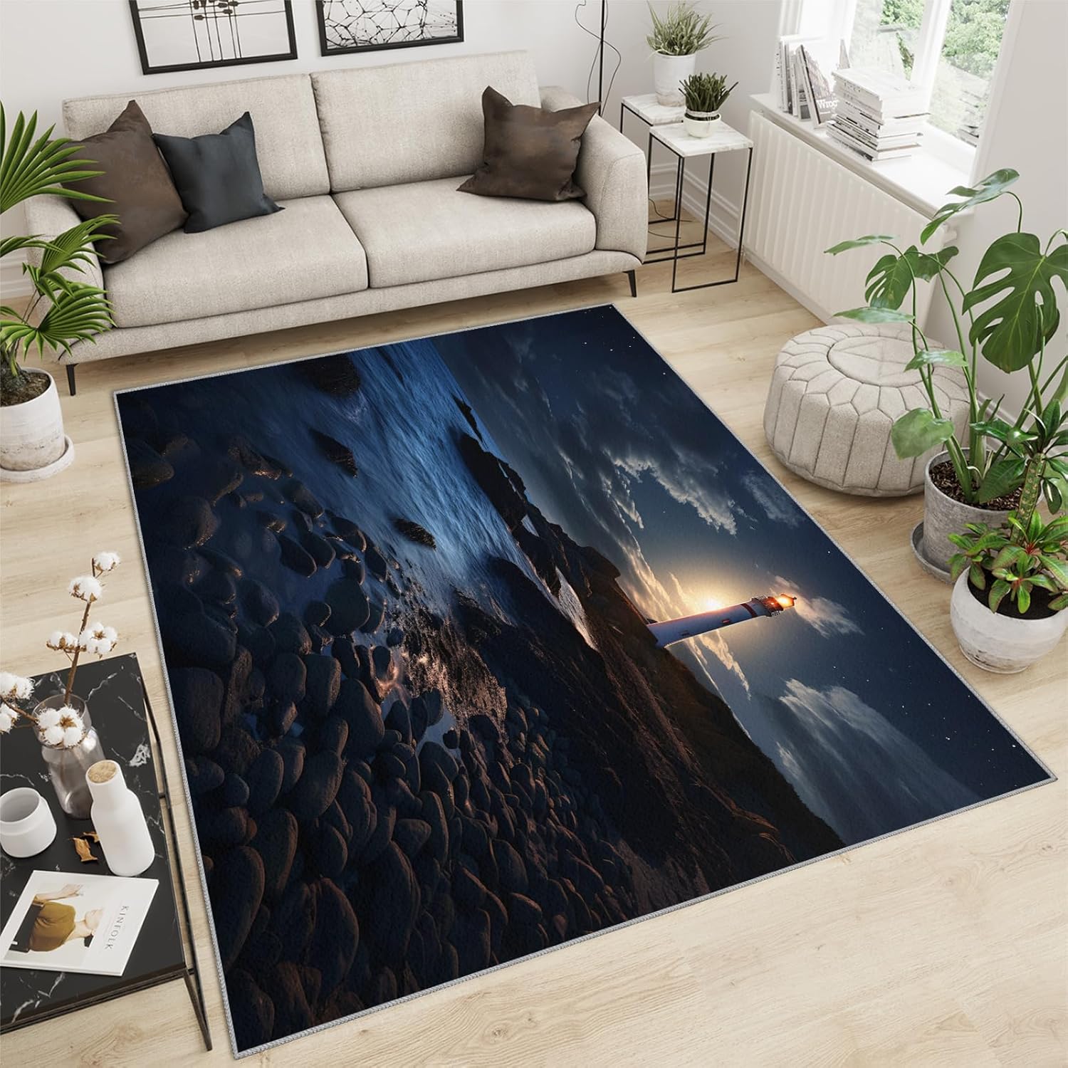 Lighthouse Area Rug with Blue Starry Sky Design - 2x3 Washable & Non Slip Sea Wave Rugs for Entryway, Soft Lighthouse Indoor Carpet for Teens, Resistant Floor Decor