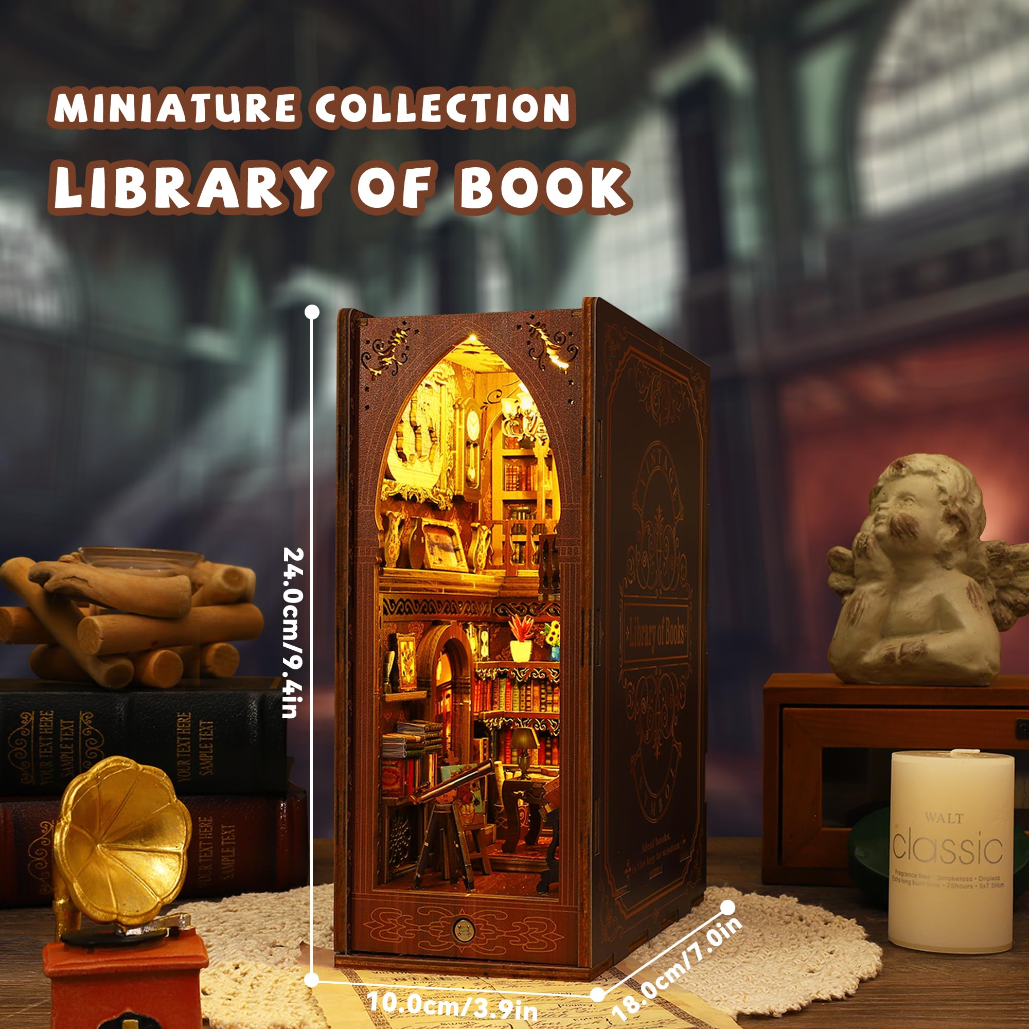 Kisoy Book Nook Kit, 3D Wooden Puzzle Booknook Build Bookshelf Decor, DIY Miniature House Kit for Adults and Teens, Mini House Arts&Craft Gifts for Family and Friends(Library of Book)