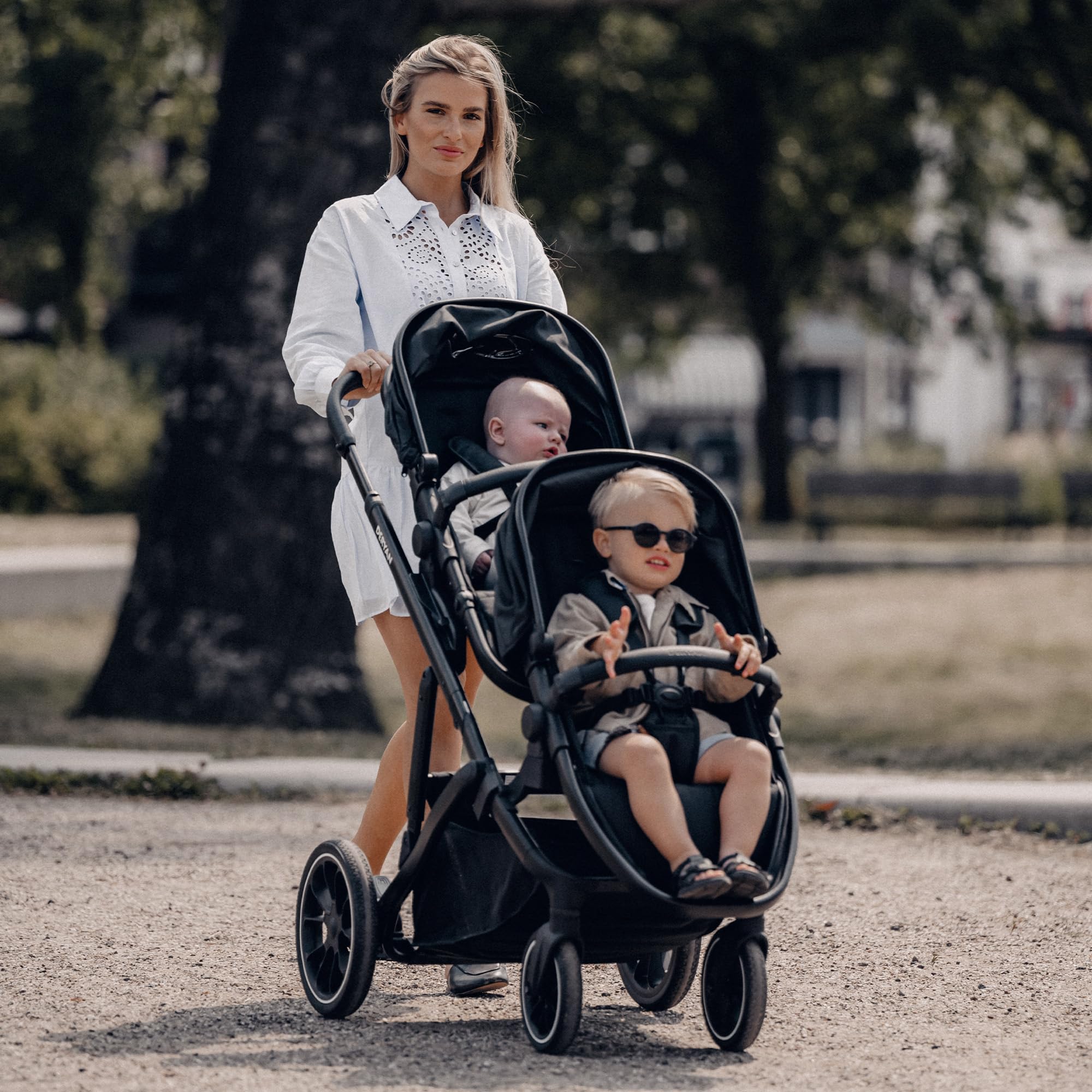 Deryan Evy V2 Passeggino per 2 bambini, Duo Tandem, 0-4 anni, doppio Duett, per neonati e bambini in età prescolare, carrozzine fino a 50 kg, passeggino, passeggino da viaggio 2 in 1, Nero con zecca