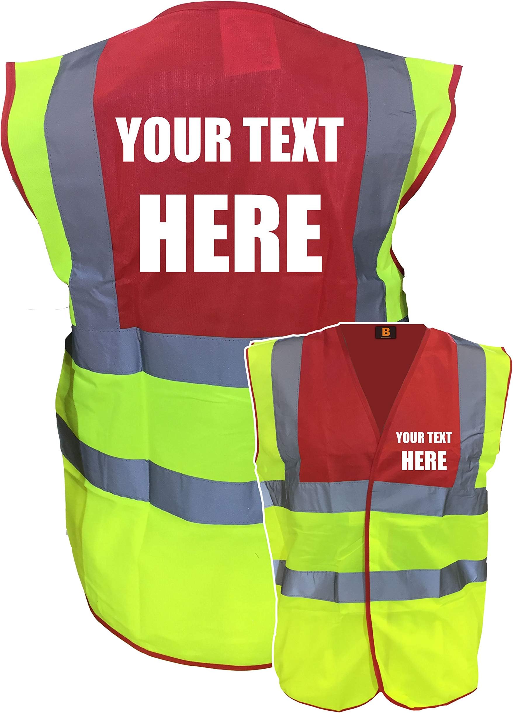 Premium Personalised Custom Printed Yellow Red Hi Vis Viz Reflective Safety Vest Waistcoat, Reflective High Visibility, Printed By Brook Hi Vis,
