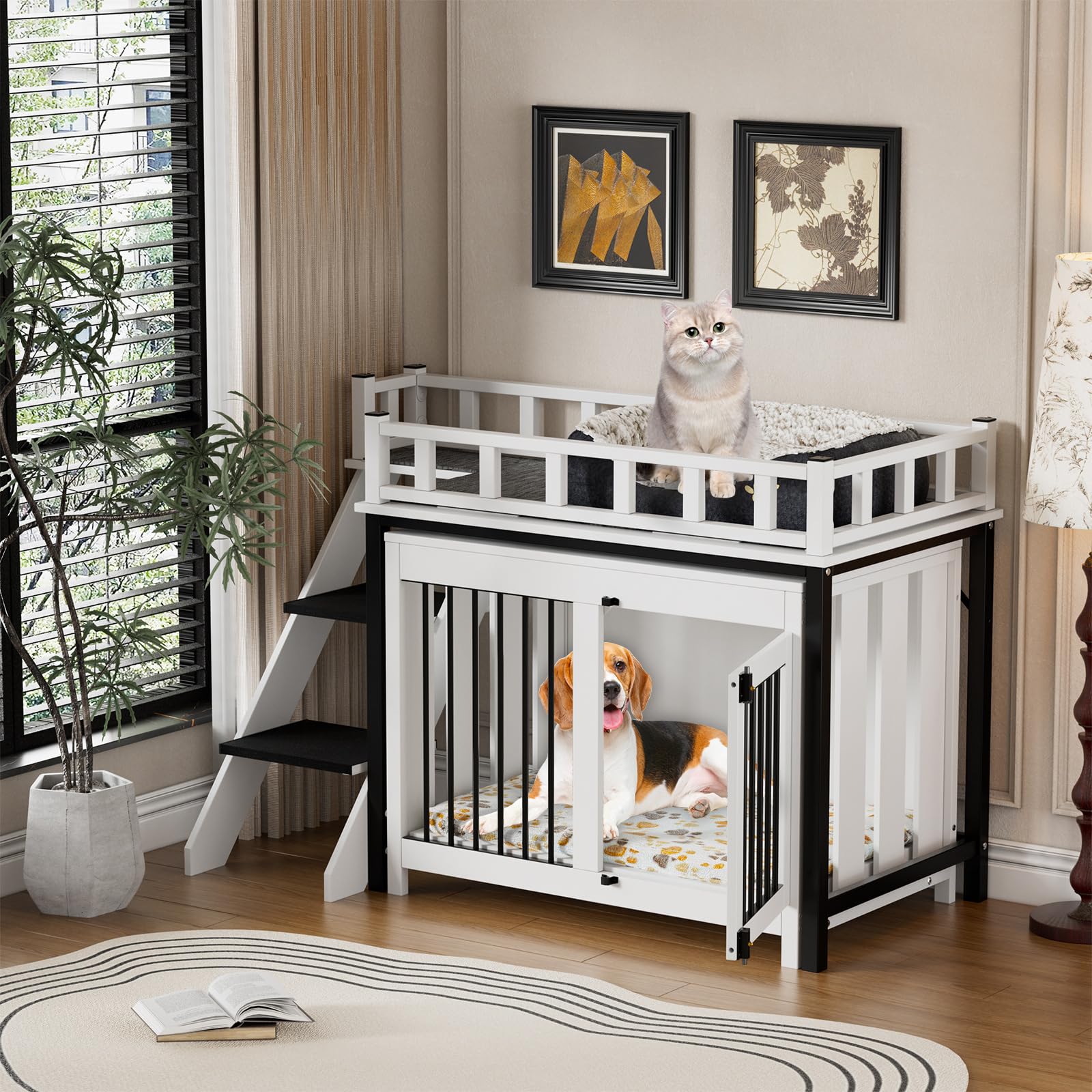 Dog Crate for Indoor Dogs with Stairs 120 cm Style Furniture House for Dogs with Blanket and Fluffy Bed for Dogs, Modern Cage for Small and Medium Dogs, 120 x 56 x 65 cm