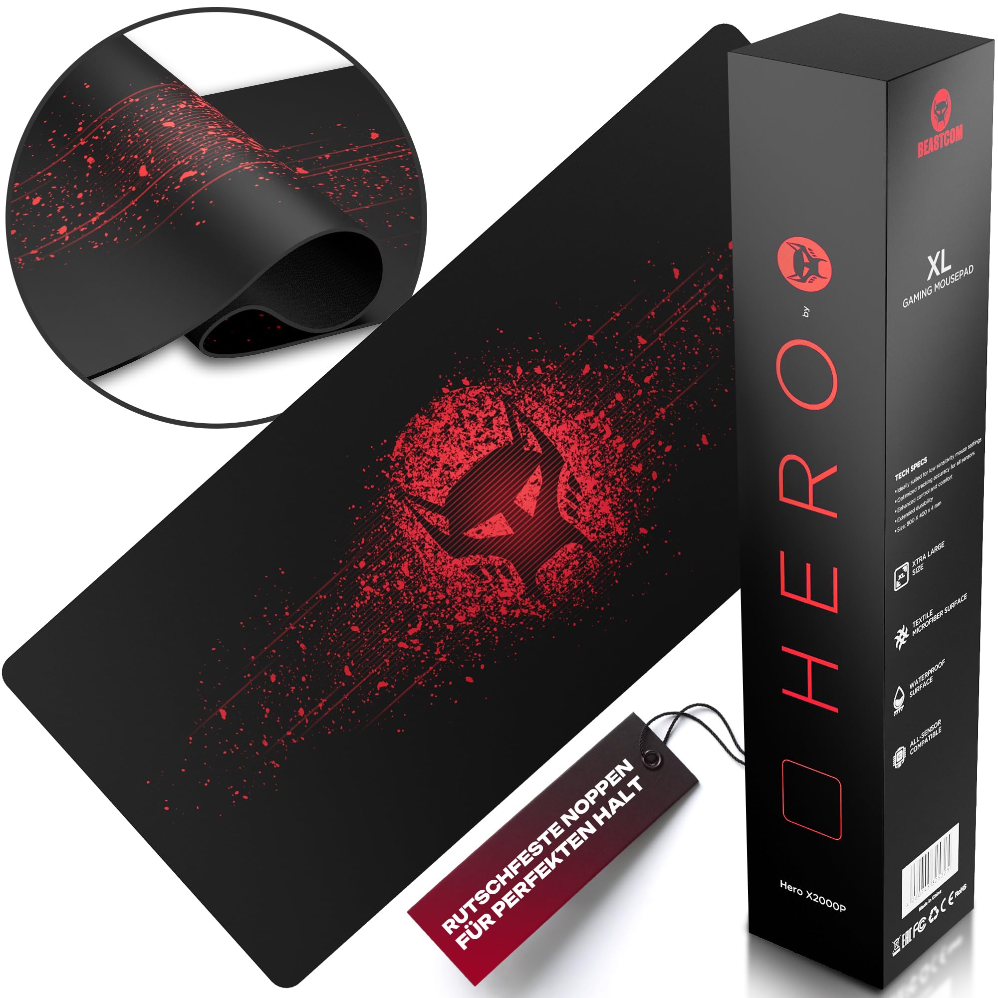 BEASTCOM Hero X2000R - Tappetino per mouse da gaming, colore rosso, XL (900 x 400 mm), base in gomma antiscivolo, facile da scivolare, materiali ecologici, bordi senza cuciture, sottomano da scrivania