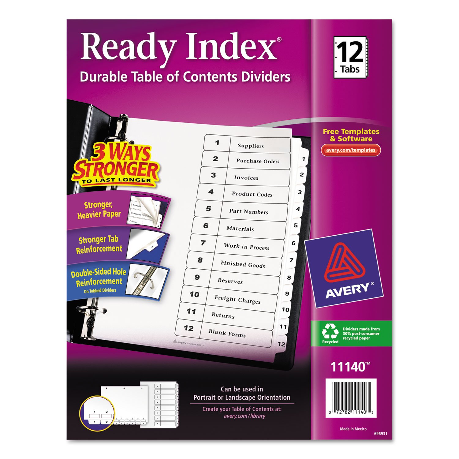 Avery 11140 Ready Index TOC Dividers, Tabs 1-12, Letter Size, White, 12 Tabs/ST