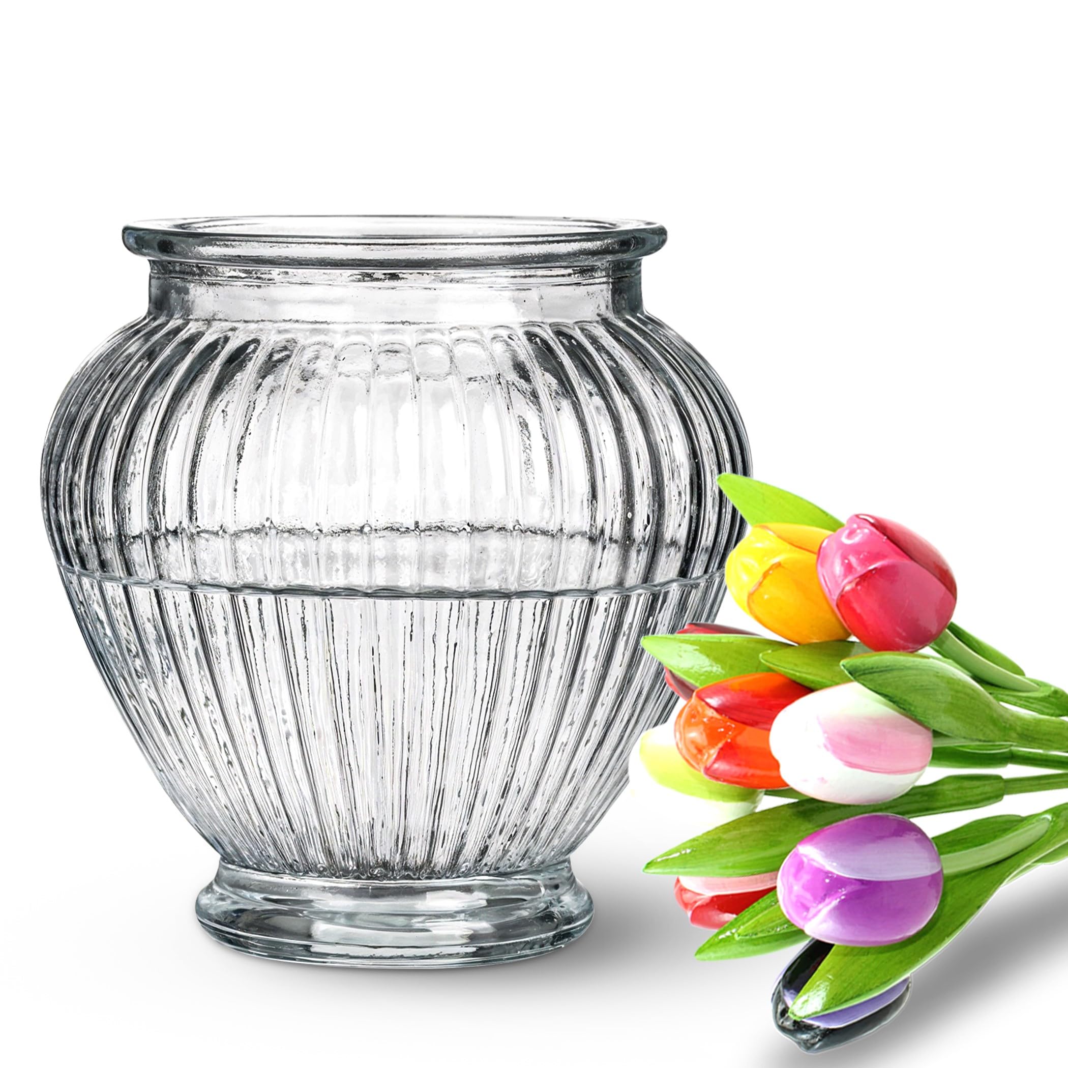 Wrenbury Laurel Ribbed Glass Vase for Flowers 15cm Daffodil Container for Bouquets - Clear Glass Vase for Tulips - Makes a Classic Table Centrepiece