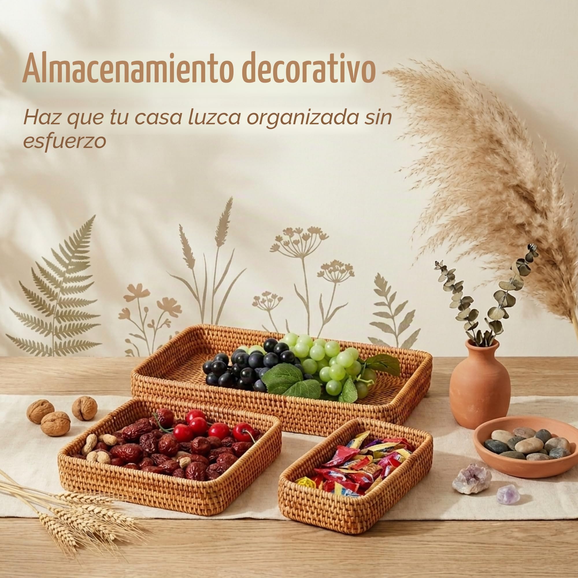 Bandeja de ratán para servir, bandeja tejida rectangular, cestas decorativas de mimbre natural para organizar la mesa, baño, encimera de cocina (natural)