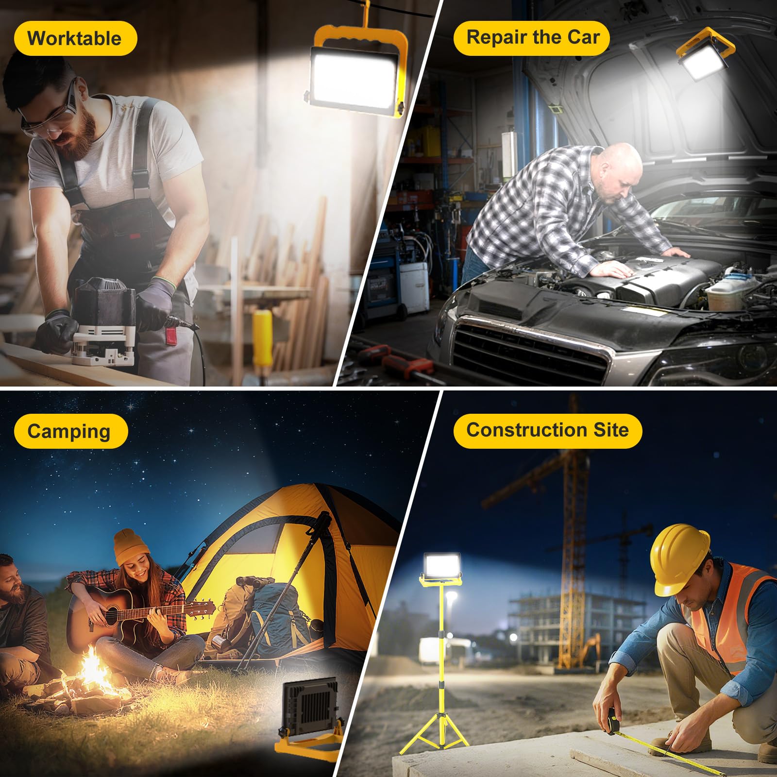 Foco LED de Trabajo, 60W Lámpara de Trabajo LED con 3 Modos de Brillo, Luz de Trabajo con Enchufe, IP66 Resistente al Agua con Cable de 4M, 6000K Portátil para Taller Obra Garaje