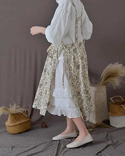 Miniatura 8 de Delantal japonés para mujer con espalda cruzada para mujer con bolsillos, delantales delantales, delantal de lino de algodón para mujer