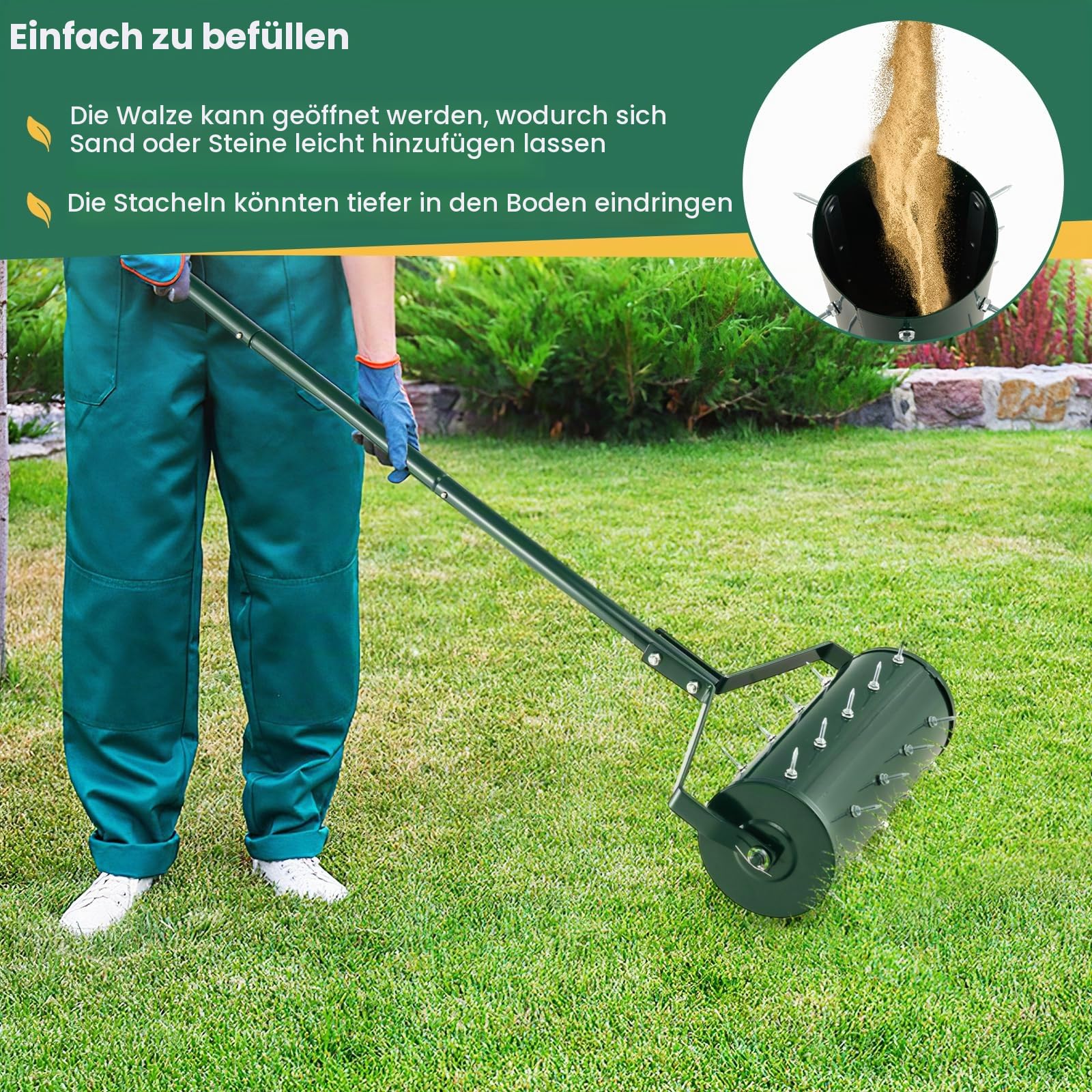 GOPLUS Rasenlüfter Walze, Rasenbelüfter mit Stiel & 3,4cm Nägeln, Handvertikutierer, rollender Aerifizierer, manueller Vertikutierer, Bodenbelüfter für Garten, Hof & Rasen (45 x 130 cm,Grün)