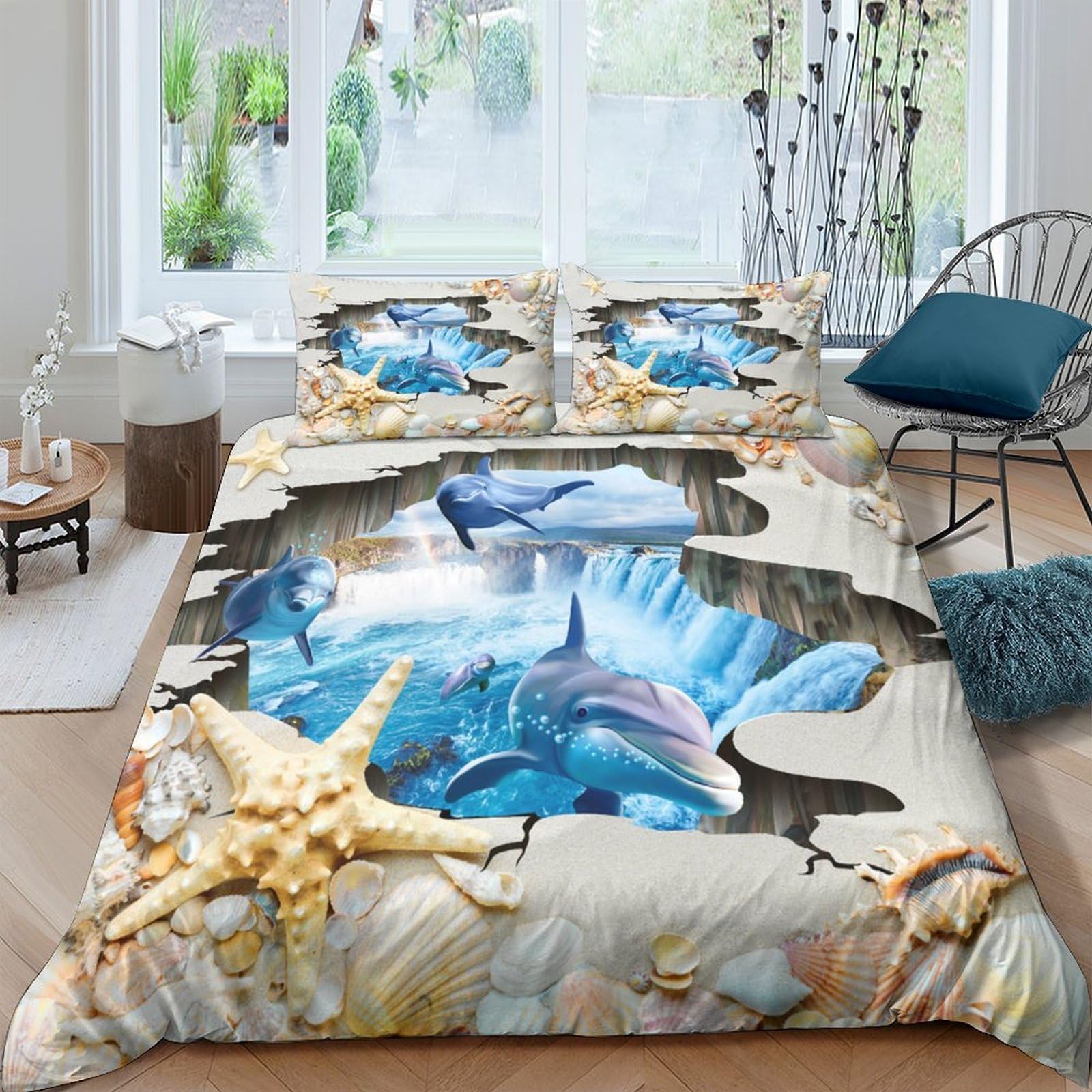 Ctjqhvkz Style-6 3D Printed Ocean Dolphin Fitted Sheet Microfiber Soft Beach Starfish Bed Cover For Bedroom Guest Room Decor Single（135X200cm）
