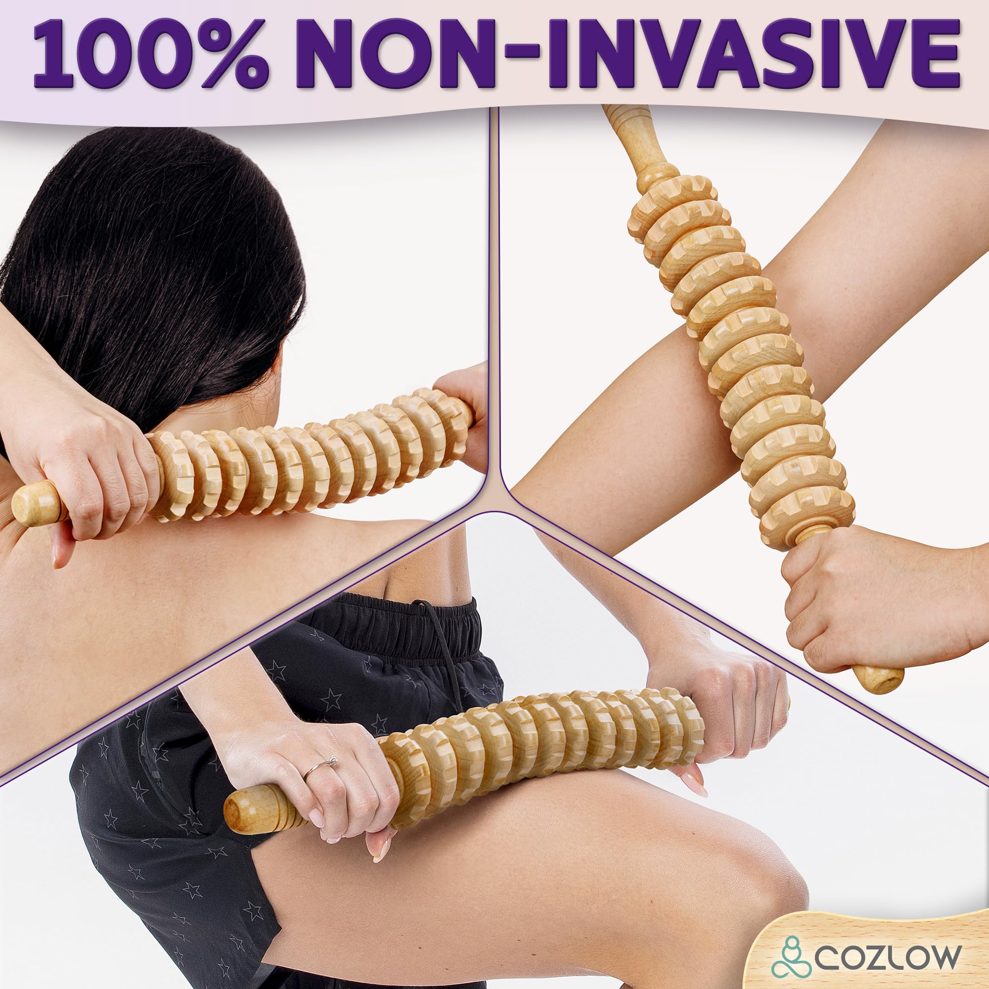 Wooden Massage Roller Stick (12 Rollers) - Wood Therapy Massage Tool for Body Sculpting, Fascia Release & Lymphatic Drainage - by Cozlow