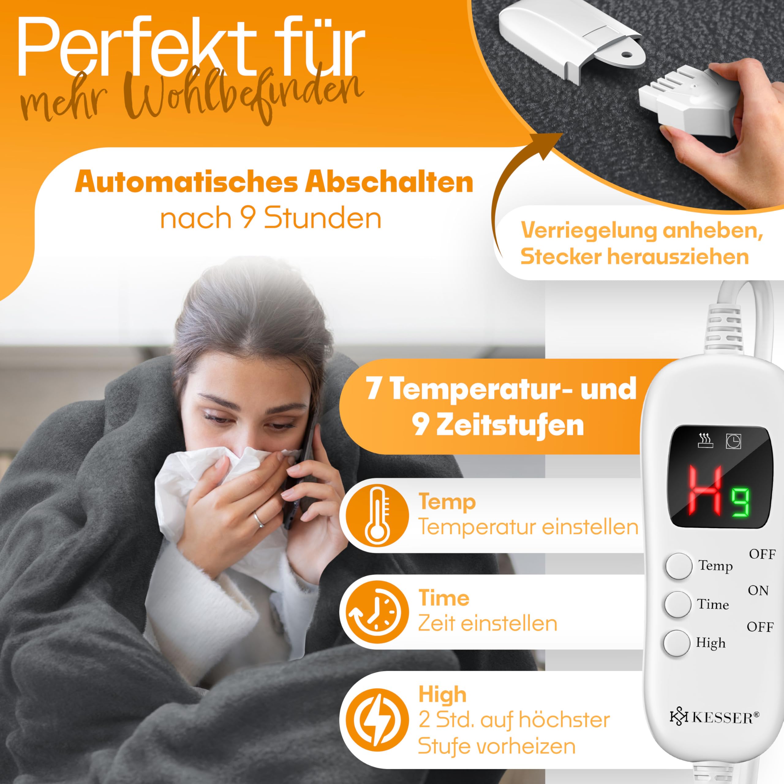 KESSER® Heizdecke aus Plüsch 180x130cm Grau TÜV SÜD GS geprüft | elektrische Wärmedecke mit Timer Abschaltautomatik | Kuscheldecke Decke | 7 Temperaturstufen | waschbar bis 40°C | Digitalanzeige