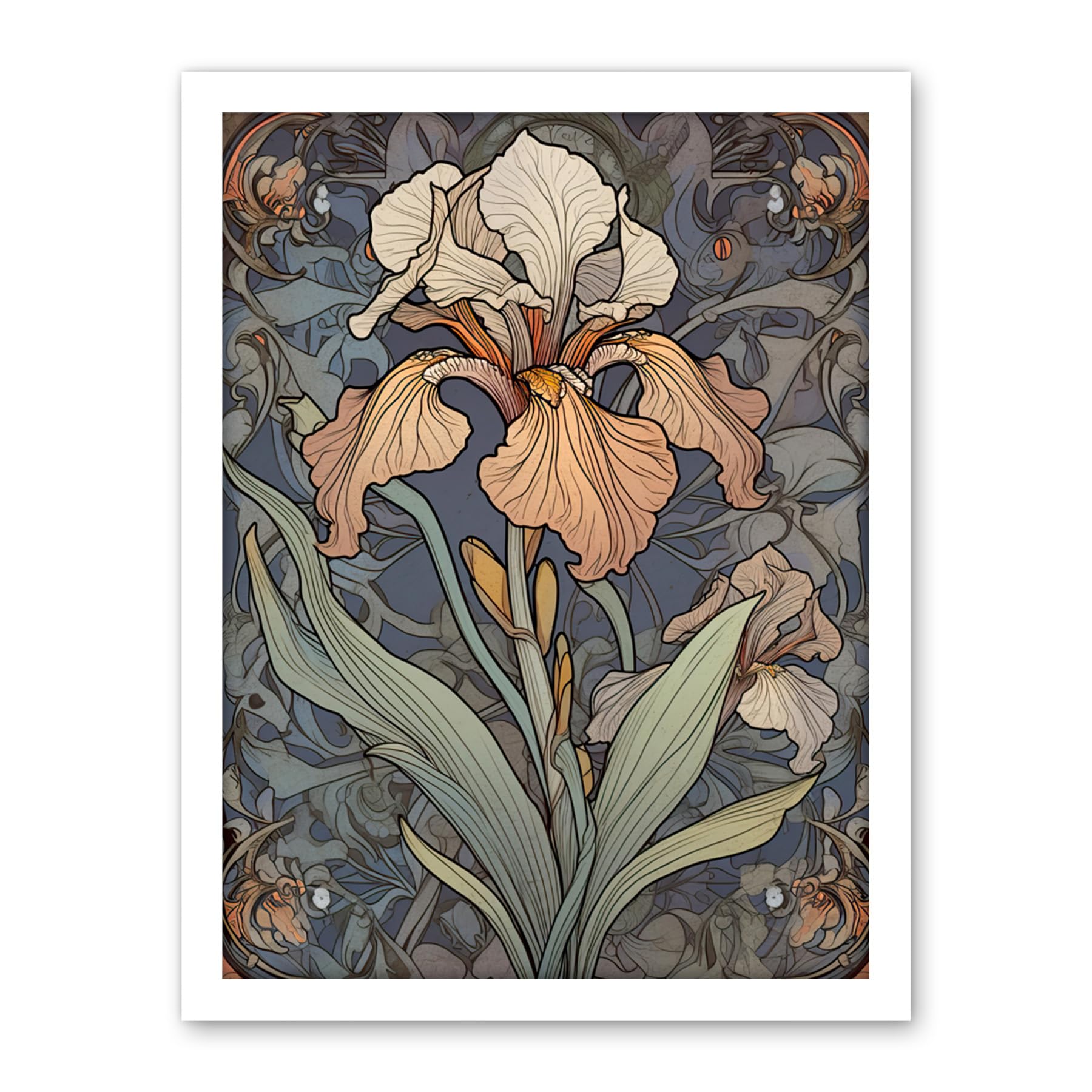 Artery8 Art Nouveau Style Iris Bloom Flower Watercolour Artwork Framed Wall Art Print 18X24 Inch