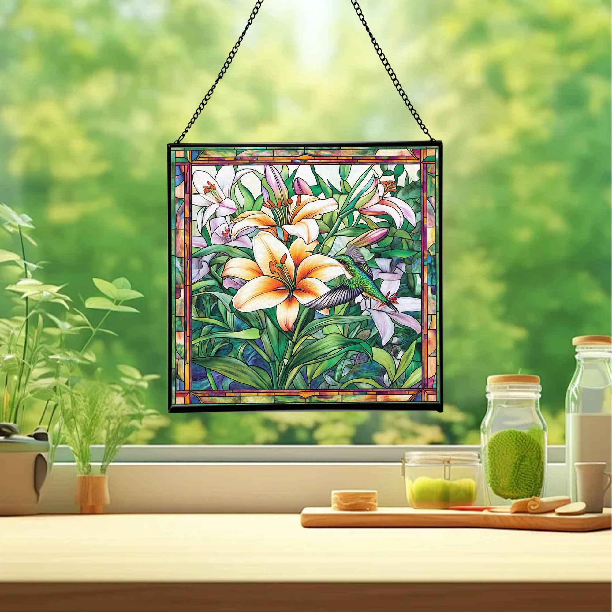 Lily and Hummingbirds Stained Glass Panels Window Hangings Tiffany Glass Traditional Art Crafts for Home Decor Gifts 71OR12