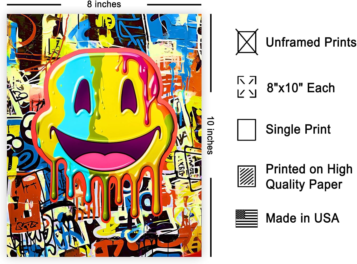 Poster Master Melting Smile Face Poster - Emoticon Print - Pop Graffiti Art - Watercolor Modern Decor - Colorful Vibrant Living Room or Bedroom Wall Decor - 8x10 UNFRAMED Wall Art