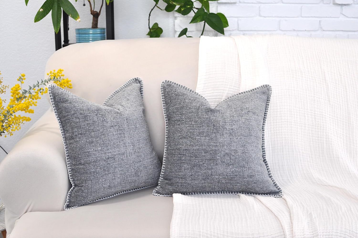 Gray Chenille Square Throw Pillow Covers with Piped Edges, Set of 2