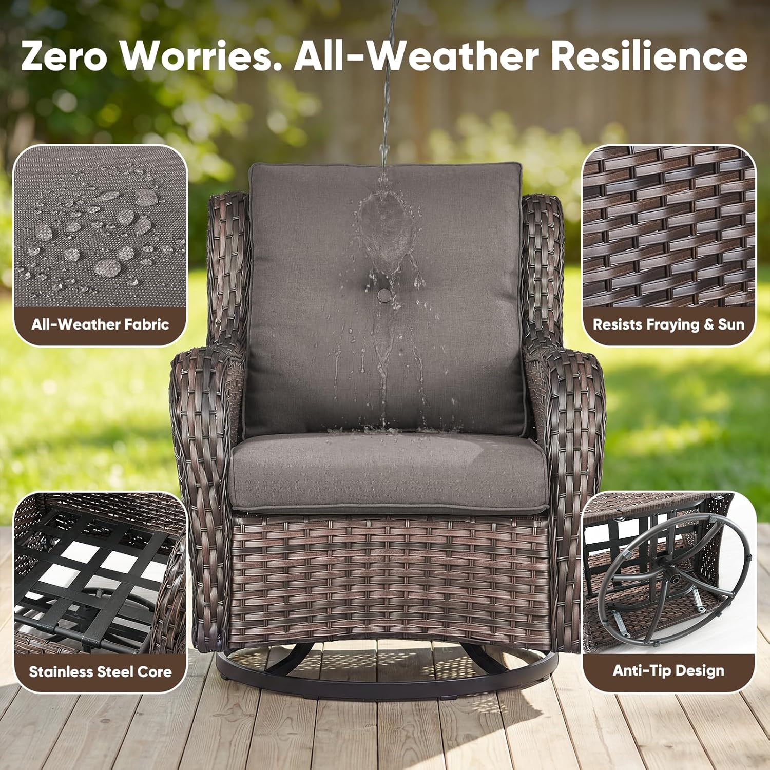 Belord 5 Piece Wicker Patio Furniture Set, Outdoor Swivel Rocker Chairs Set of 2 with Ottomans and Side Table, All Weather Patio Conversation Furniture Set, for Porch Pool, Brown Wicker/Gray