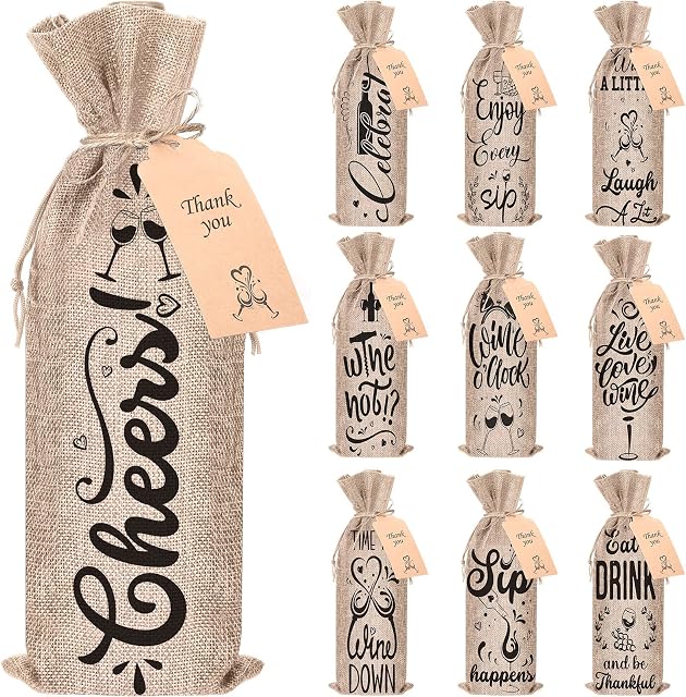 Valentine's Day Linen Wine Gift Bag 10 Pieces Wine Wrapping Bags Cloth Wine Bags with Drawstring Wine Bags for Wine Bottles Cover for Valentine Christmas Wedding Birthday Party Supplies (Natural)