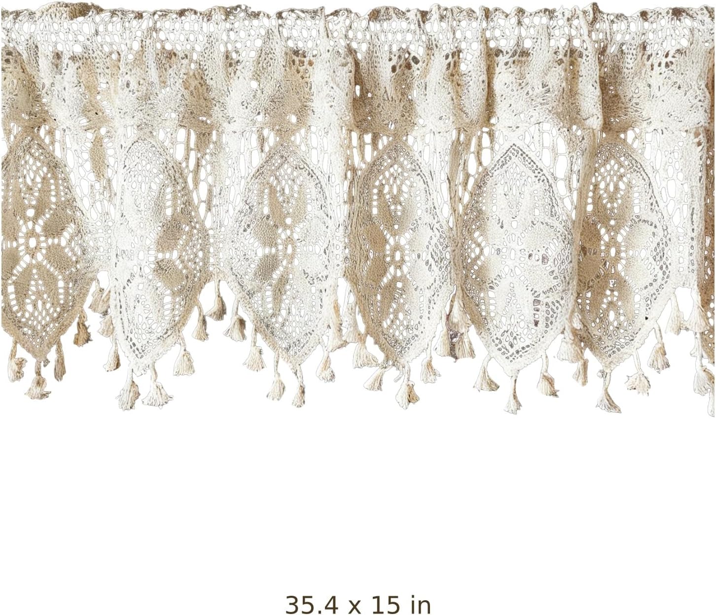 Crochet Valance 35.4 x 15 in, Cotton Half Window Curtain for Kitchen, Beige Farmhouse Valance with Tassels & Hook and Loop Fastener