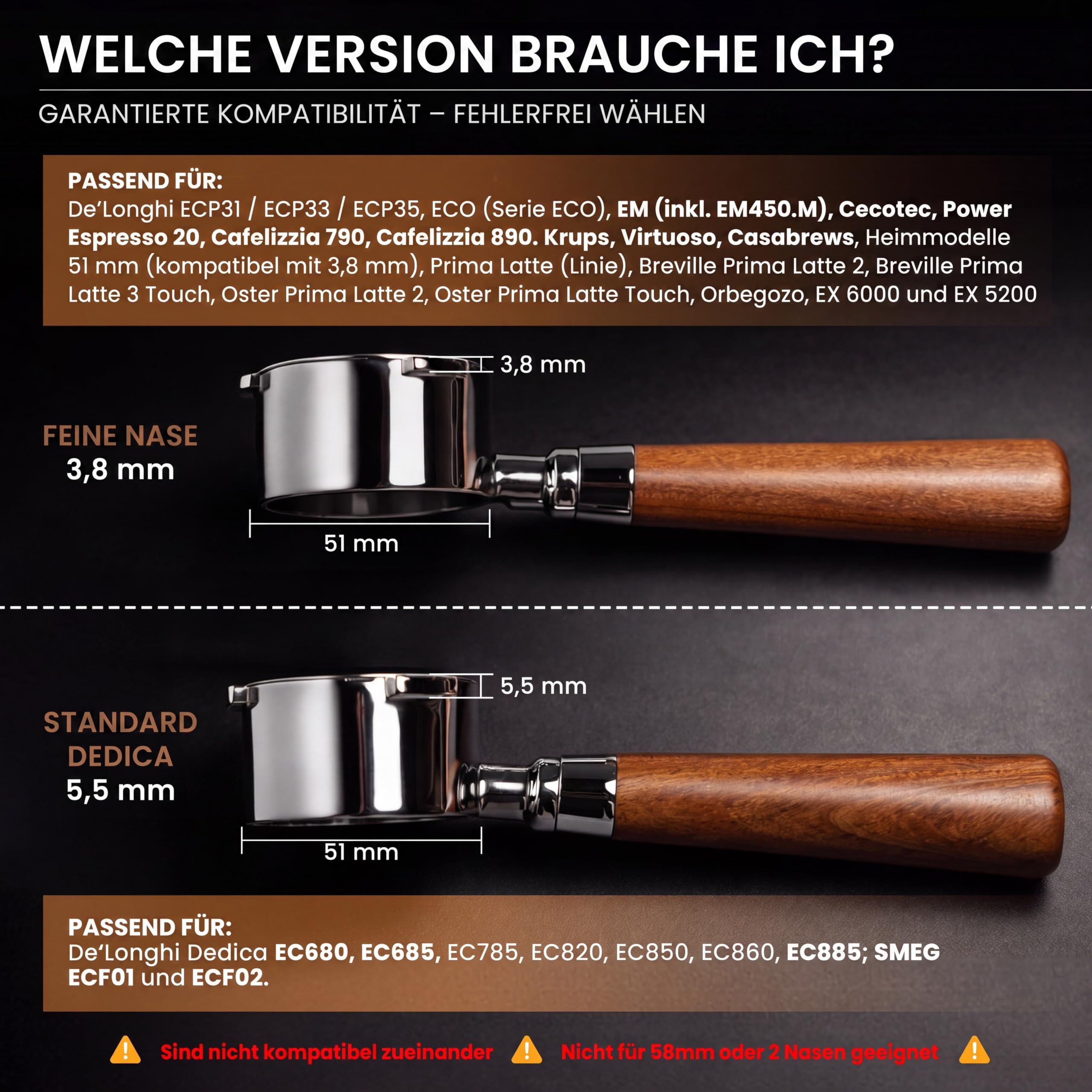 Siebträger ohne Boden, 51 mm, 3,8 mm, feines Ohr, kompatibel mit De'Longhi EM450.M, ECP, Power Espresso 20, 2 Filter, Verteilerfilter und Dosiertrichter (kompatibel mit EM450 / ECP (3,8 mm))