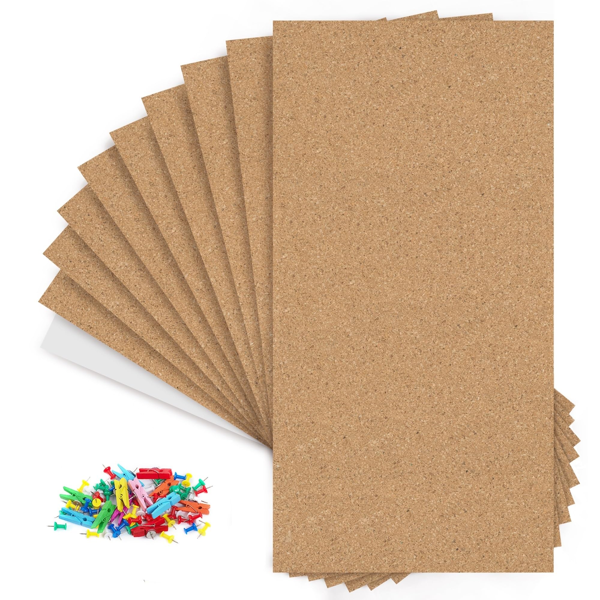 AKTOP Tablica ogłoszeń korkowych, 43 x 20 cm, płytki korkowe o grubości 10 sztuk, mała tablica korkowa do dekoracji ścian, samoprzylepne tablice korkowe z 120 spinaczami drewnianymi do szkoły, domu i