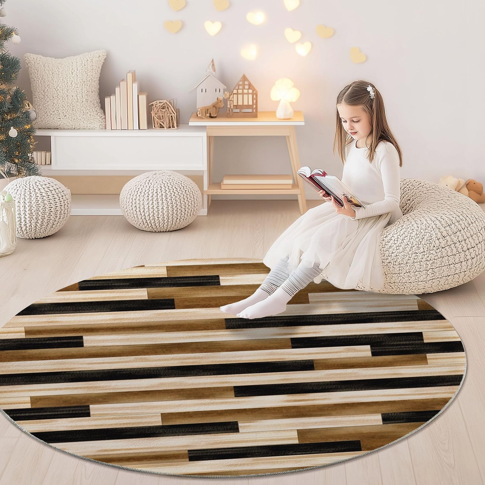 Tappeti Rotondi per Soggiorno, 120 cm, Moderni, Astratti, a Righe, Lavabili, per Camera da Letto, Tappeto a Pelo Corto, Sottile, Antiscivolo, per Sala da Pranzo, cameretta Bambini,