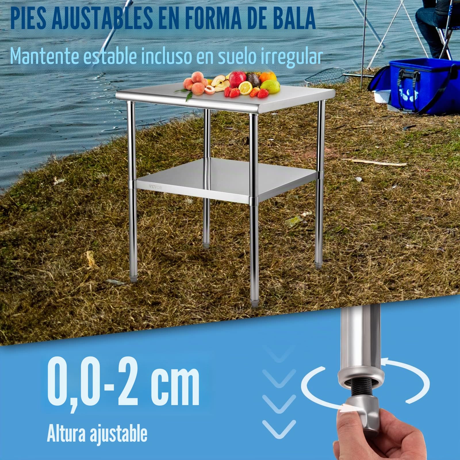 VEVOR Mesa de Trabajo de Acero Inoxidable 76 x 76 x 91 cm Mesa de Preparación de 2 Niveles Carga de 362 kg Mesa de Cocina Estante Ajustable en Altura para Cocina Restaurante Bar Garaje al Aire Libre
