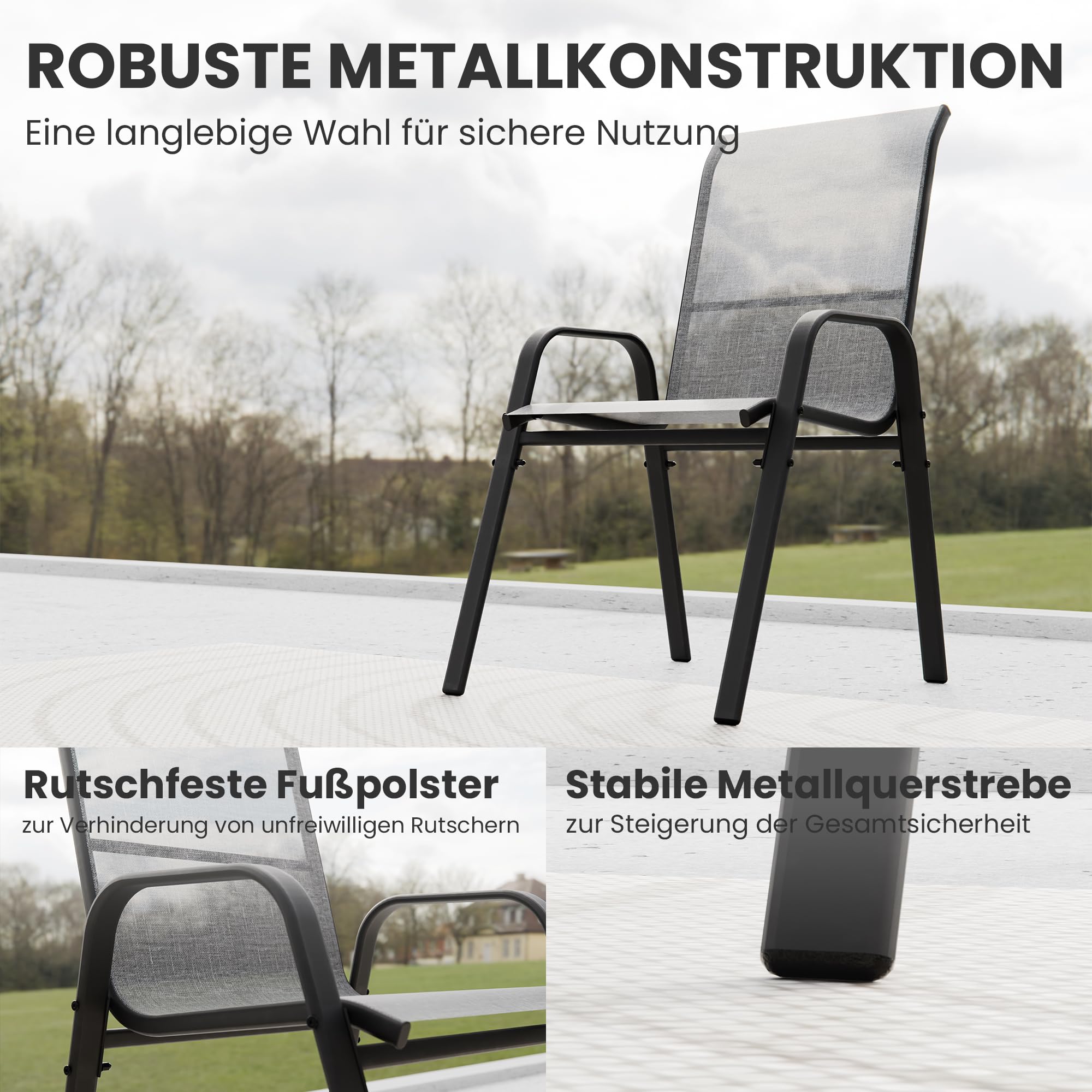 2026 Aufwertung Hochlehner 6er Set Gartenstühle wetterfest, Stapelbar Terrassenstühle Sitzgruppenstühle mit hoher Rückenlehne & atmungsaktivem Textilen, Ideal für Garten, Balkon, Terrasse und Camping