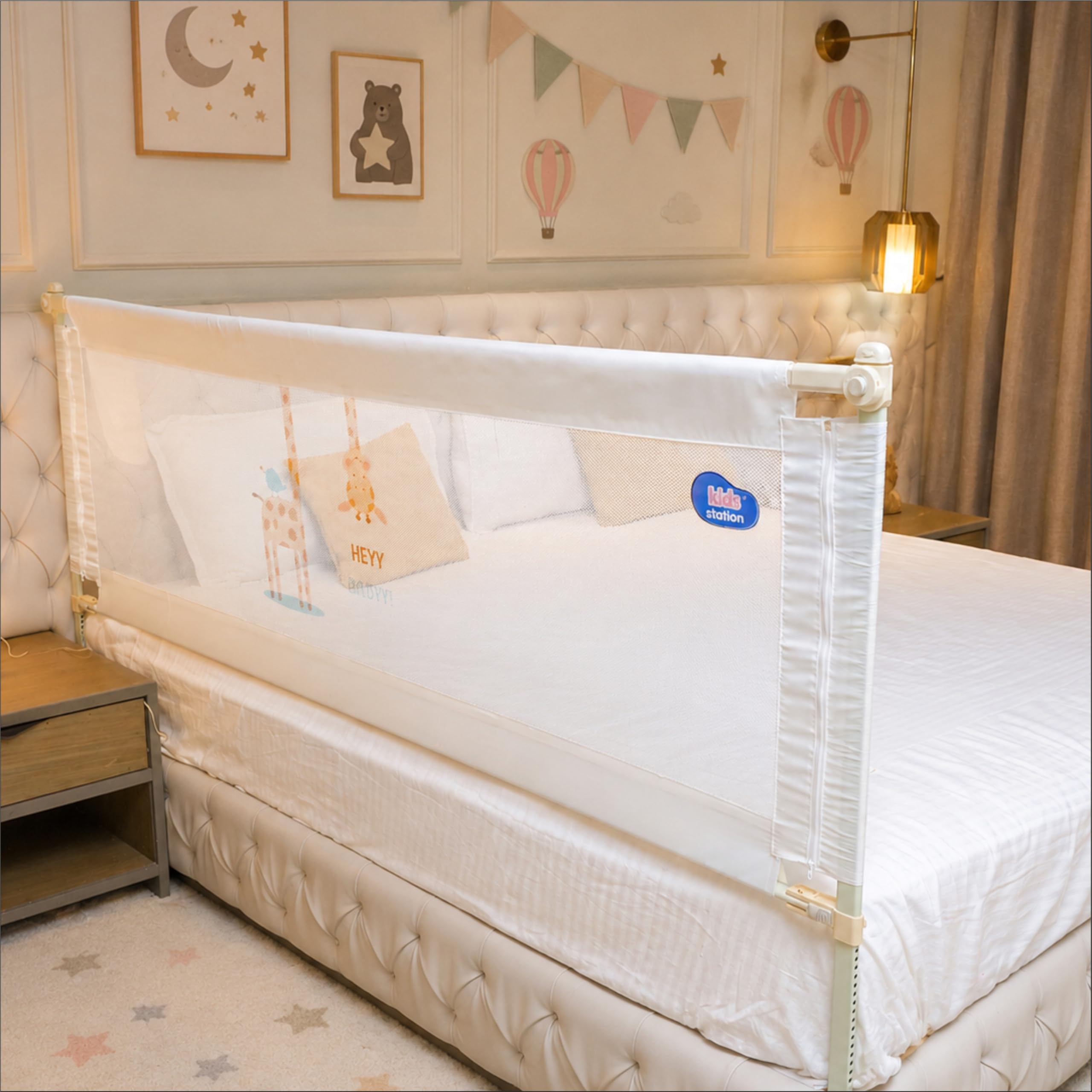 Kids Station 1 Side Premium Bed Rail Guard (5.3ft x 2.6ft / 150x80cm), Bed Railing for Baby Safety, Kids Toddler Bed Protector Side Walls, Adjustable Height, Portable & Foldable (White)