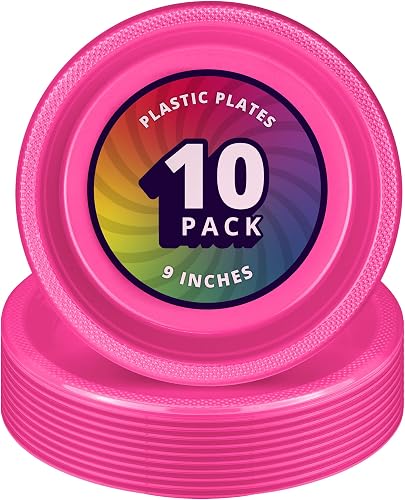 DecorRack 10 Large Plastic Plates, 9 inch Dinner Plates, Disposable Tableware for Kids Birthday Party, Fuschia (Pack of 10)