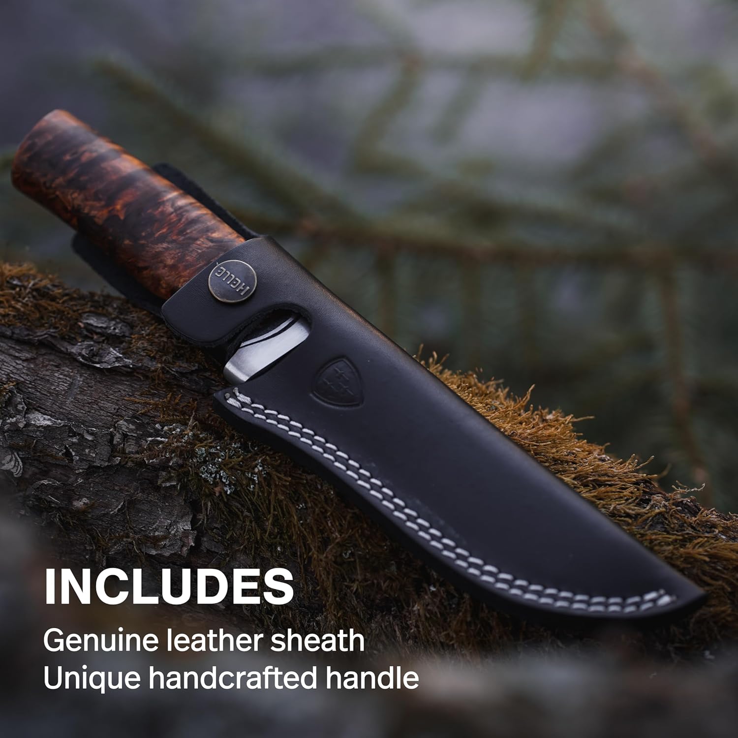 HELLE Knives - GT - Stainless Steel, Outdoor Adventure Camping Knife with Sheath, Stick Tang Fixed Blade, Curly Birch Handle, Made in Norway