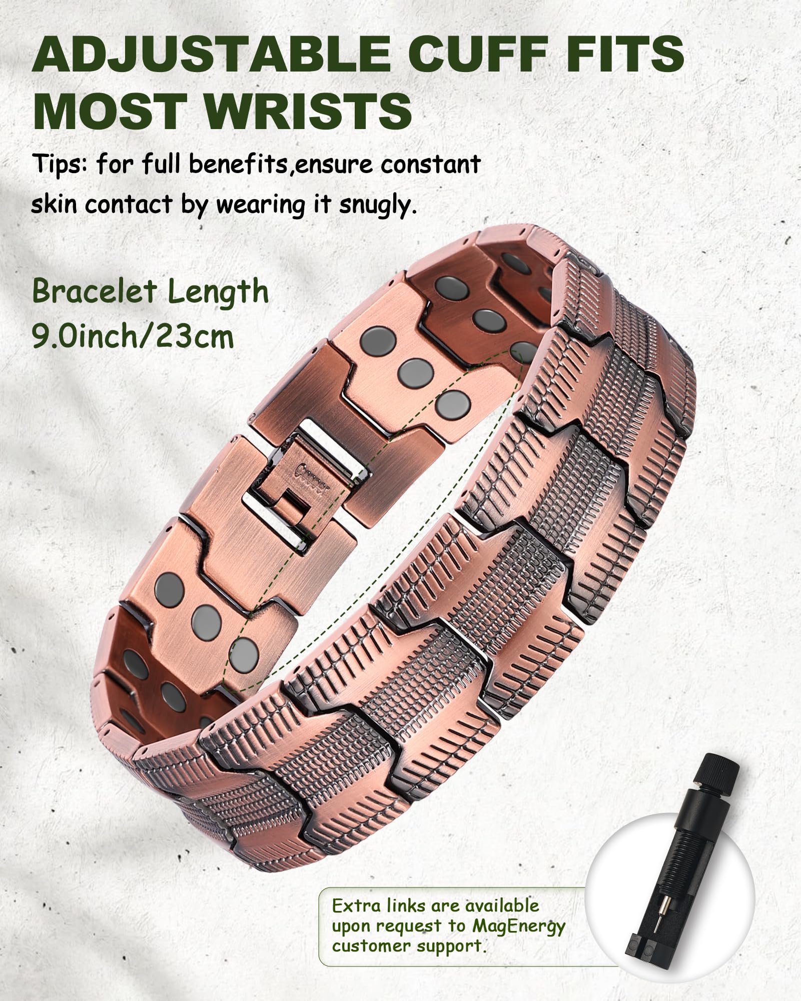 MagEnergy - Pulsera de cobre para hombre, pulsera magnética de cobre puro al 99,9%, pulsera ajustable con herramienta de extracción de eslabones (kit Copper 031)