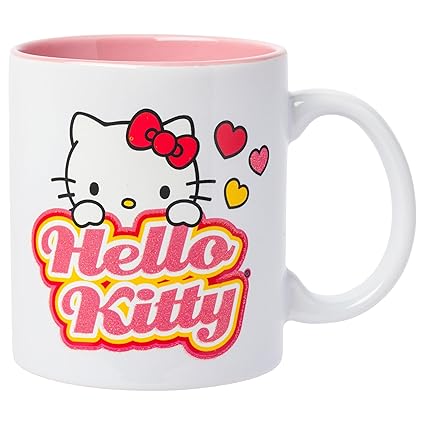 Silver Buffalo Hello Kitty Peeking Name Hearts Glitter Ceramic Mug, 20 Ounces