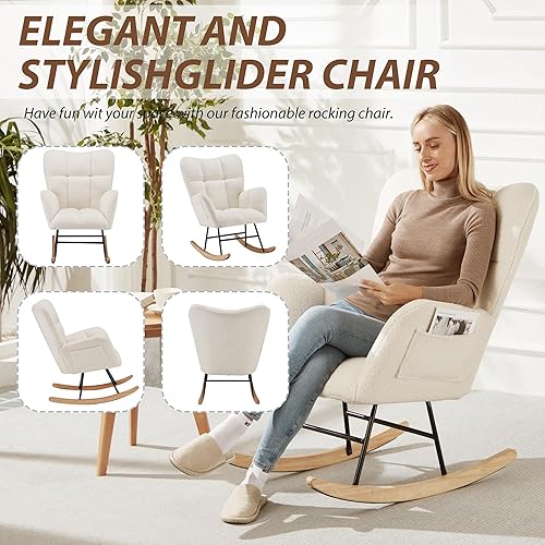 Miniatura 7 de Mecedora para guardería, mecedora tapizada de peluche con respaldo alto, silla reclinable con bolsillo para dormitorio, sala de estar, oficina,